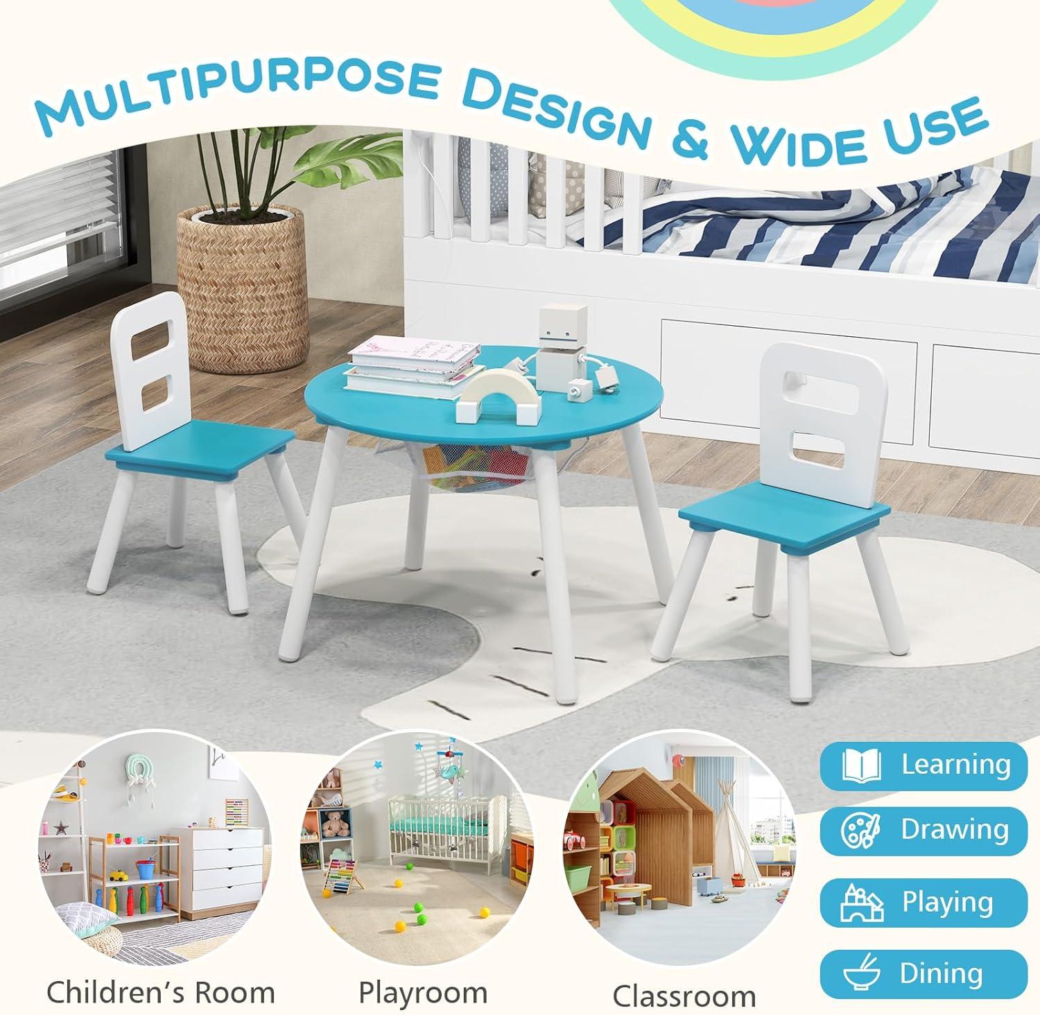 INDSUMOT Kids Table and Chair Set, Wooden Children Activity Table and 2 Chairs for Art & Craft, Storage Mesh Basket, 3-Piece Toddler Furniture Set for Daycare & Playroom, Gift for Boys Girls(Blue)