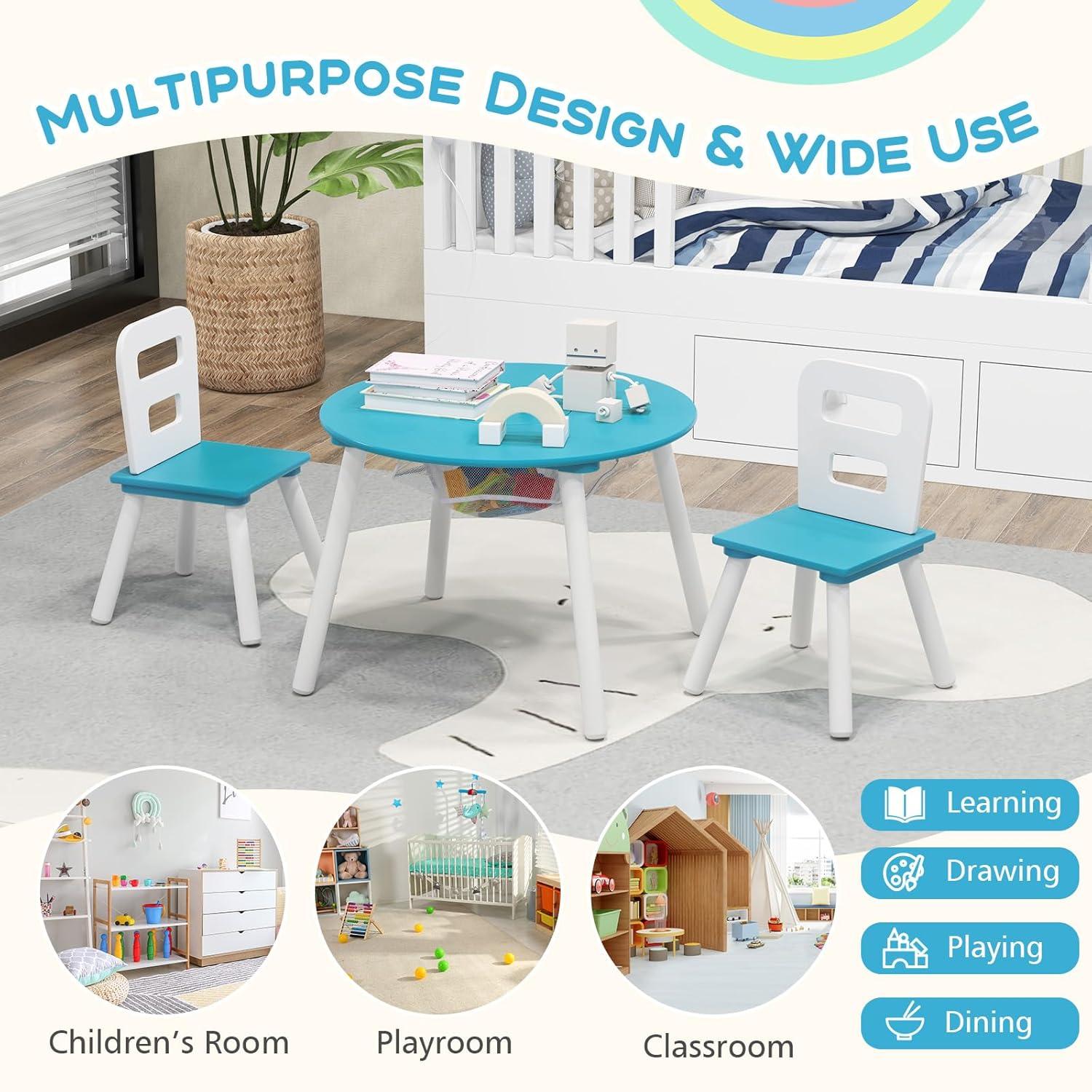 INDSUMOT Kids Table and Chair Set, Wooden Children Activity Table and 2 Chairs for Art & Craft, Storage Mesh Basket, 3-Piece Toddler Furniture Set for Daycare & Playroom, Gift for Boys Girls(Blue)