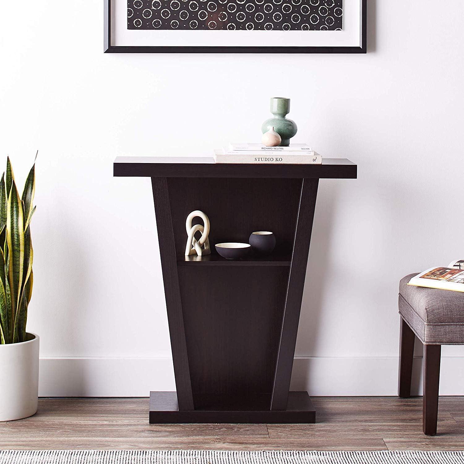 Transitional Cappuccino Console Table with Slanted Silhouette and Storage