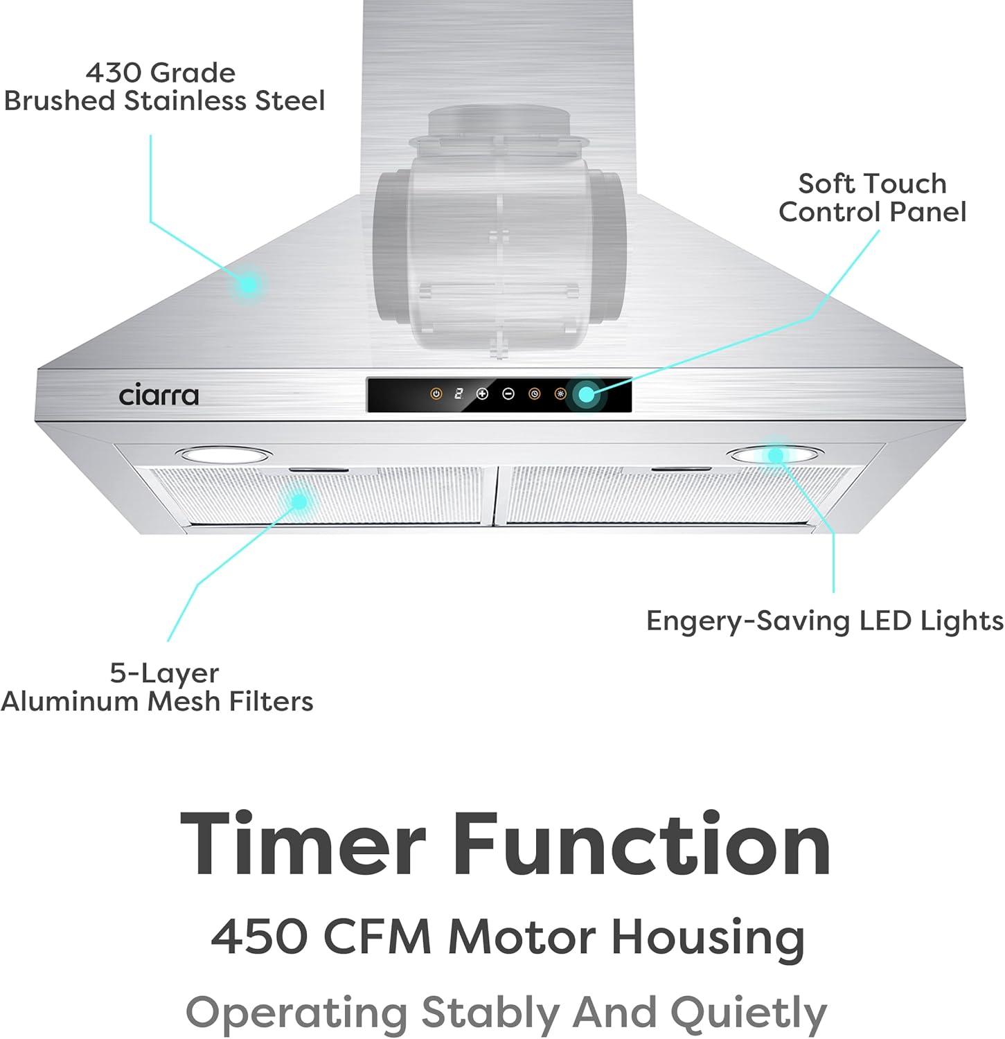 CIARRA Wall Mount Range Hood 30 inch 450CFM in Stainless Steel with Carbon Filter Kit for Recirculating CAS206P75-003