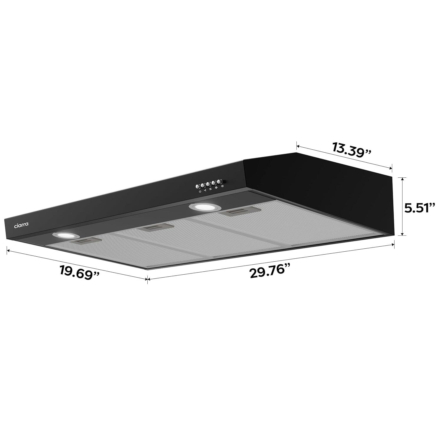 CIARRA Black Range Hood 30 inch Under Cabinet with Ductless Ducted Convertible Slim Kitchen Hood CAB90575
