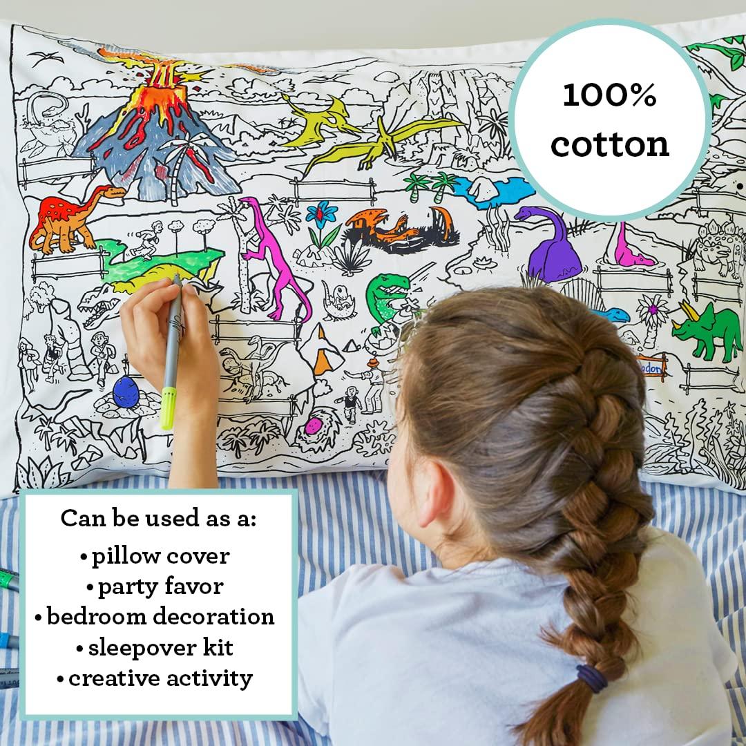 eatsleepdoodle Coloring Cotton Pillowcase with Washable Markers - Dinosaur Color in Activity Craft Kit for Boys and Girls Age 3+