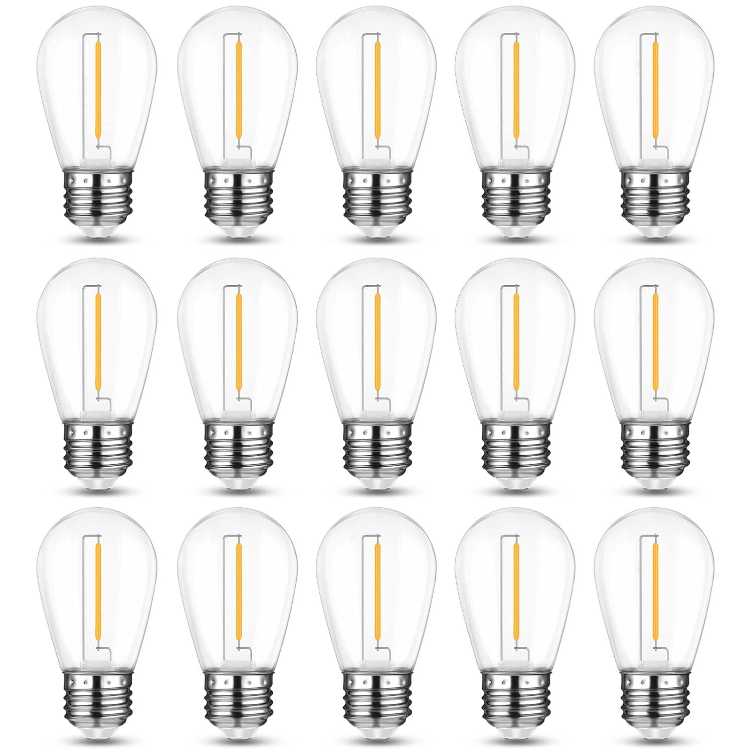 Svater Replacement Bulbs for Outdoor String Lights, 15 Pack S14 LED Bulbs for Patio, E26 Base 1W Bulb Equal to 11W Incandescent, Dimmable,Shatterproof 2700K Warm White