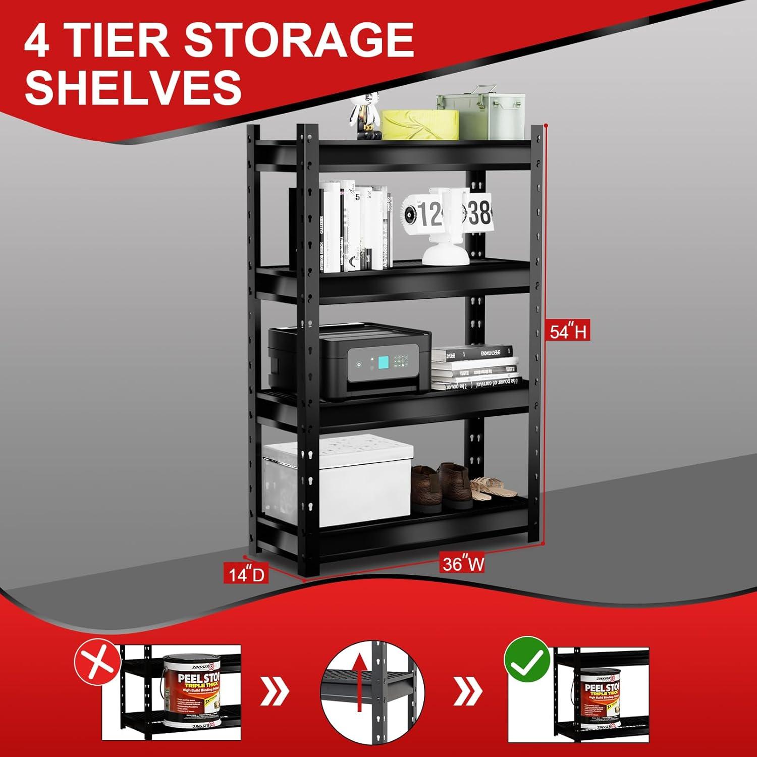 Shuntong Garage Shelving Heavy Duty Loads 6000LBS, 4 Tier Metal Storage Shelves 36" W x 14" D x 54" H, Adjustable Industrial Rack for Warehouse Basement Pantry, Dark Grey