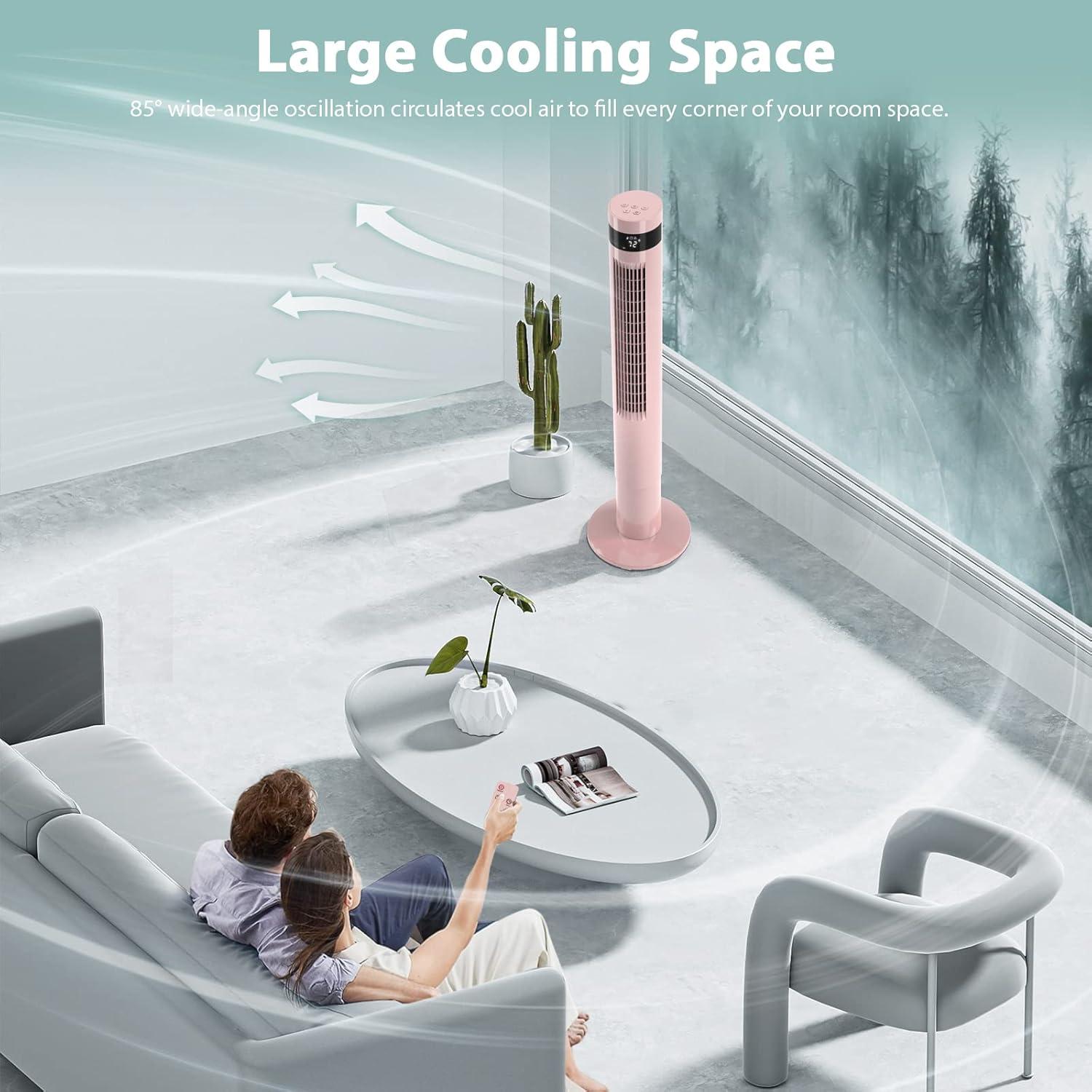 Antarctic Star Tower Fan Portable Floor Fans 85°Oscillating Fan 43'' Quiet Cooling 12H Timer Remote Control Standing Bladeless Electric 3 Speeds Wind 3 Modes Bedroom Office(43 inch, Pink)