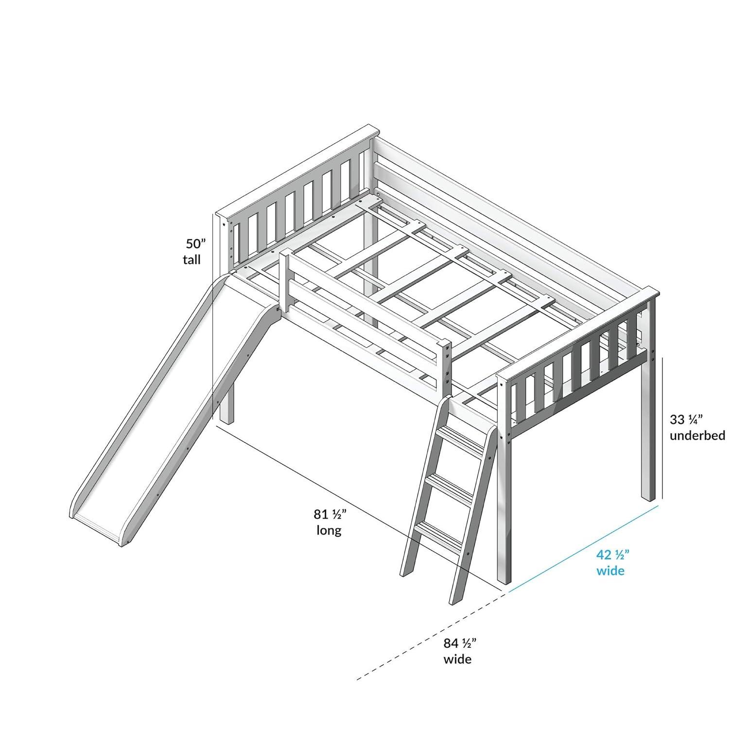 Max & Lily Low Loft Bed, Twin Bed Frame For Kids With Slide and Curtains For Bottom, White/Blue