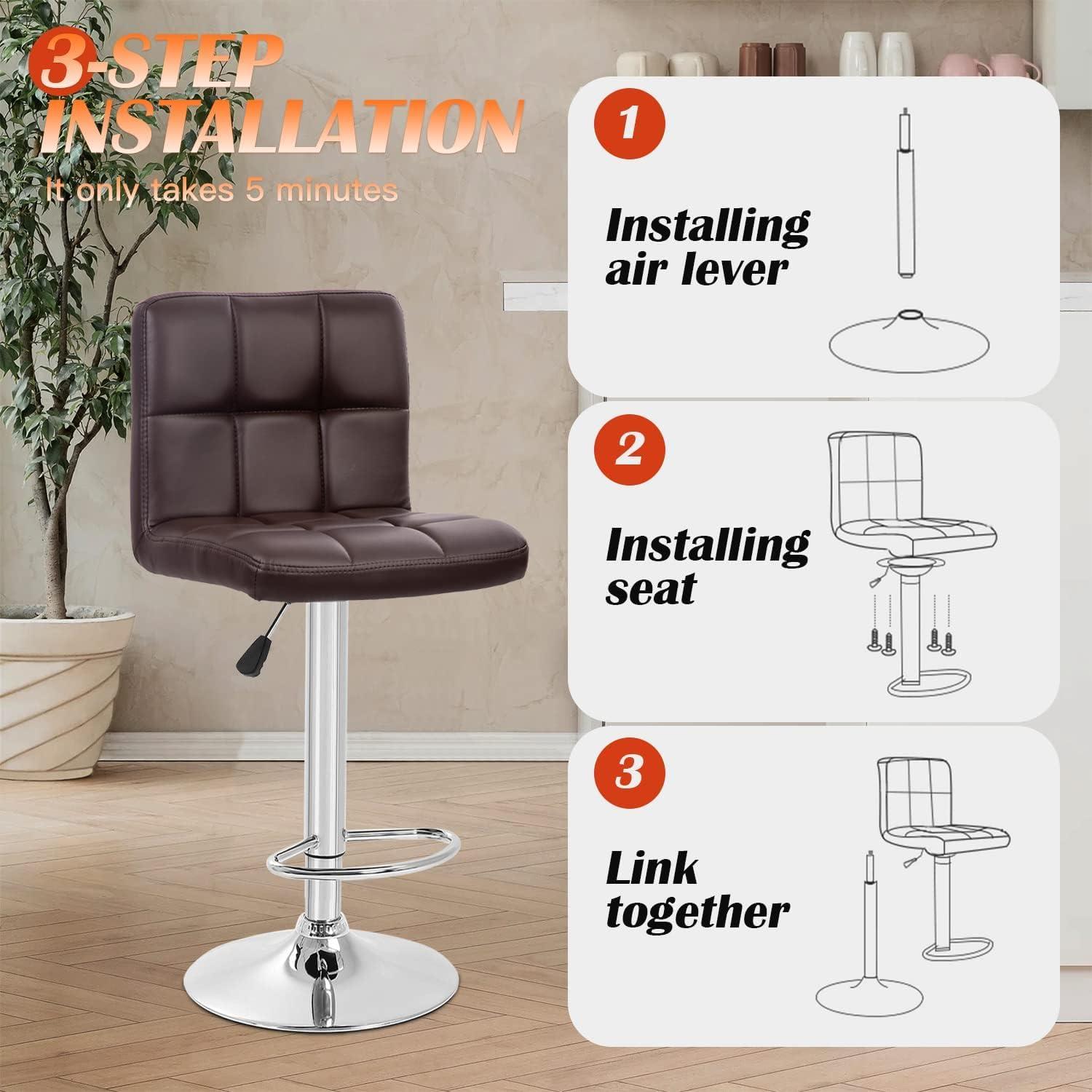 FDW Bar Stool Height Adjustable Swivel Stool with Back PU Leather Kitchen Counter Stools Set of 2 Dining Chairs