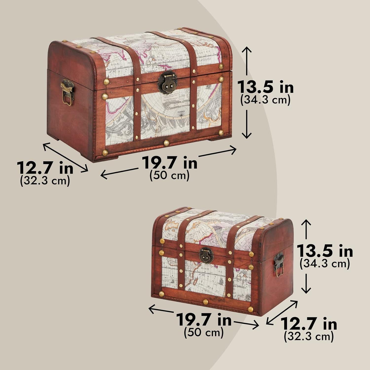 Juvale Set of 3 Small Wooden Storage Trunks and Chests, Living Room Décor Suitcases with Antique Map Print for Jewelry, 3 Sizes