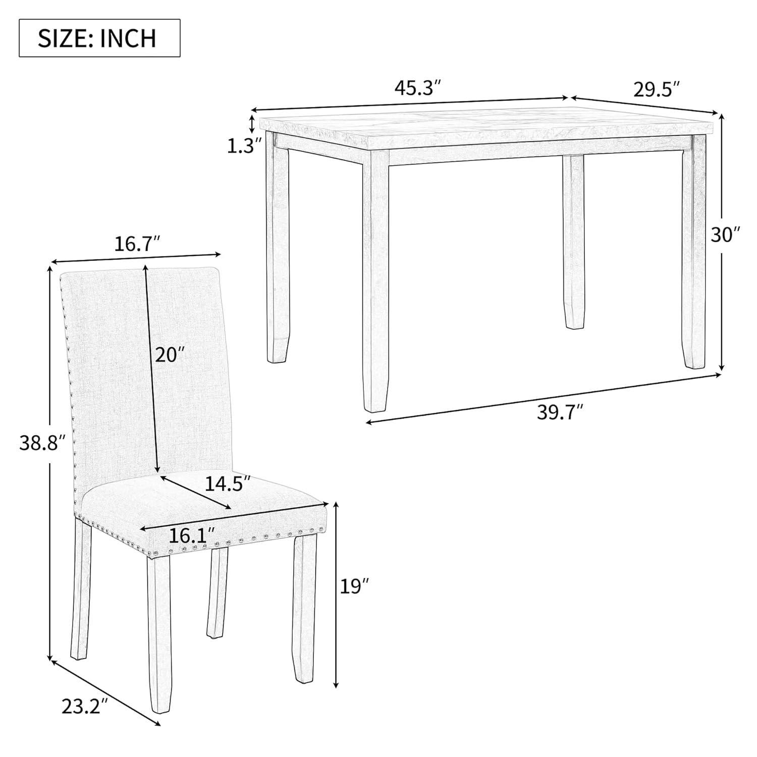 5 Pieces Dining Table Set, Elegant Faux Marble Desk and 4 Upholstered Cushion Chairs, Perfect for Kitchen, Breakfast Nook, Bar, Living Room