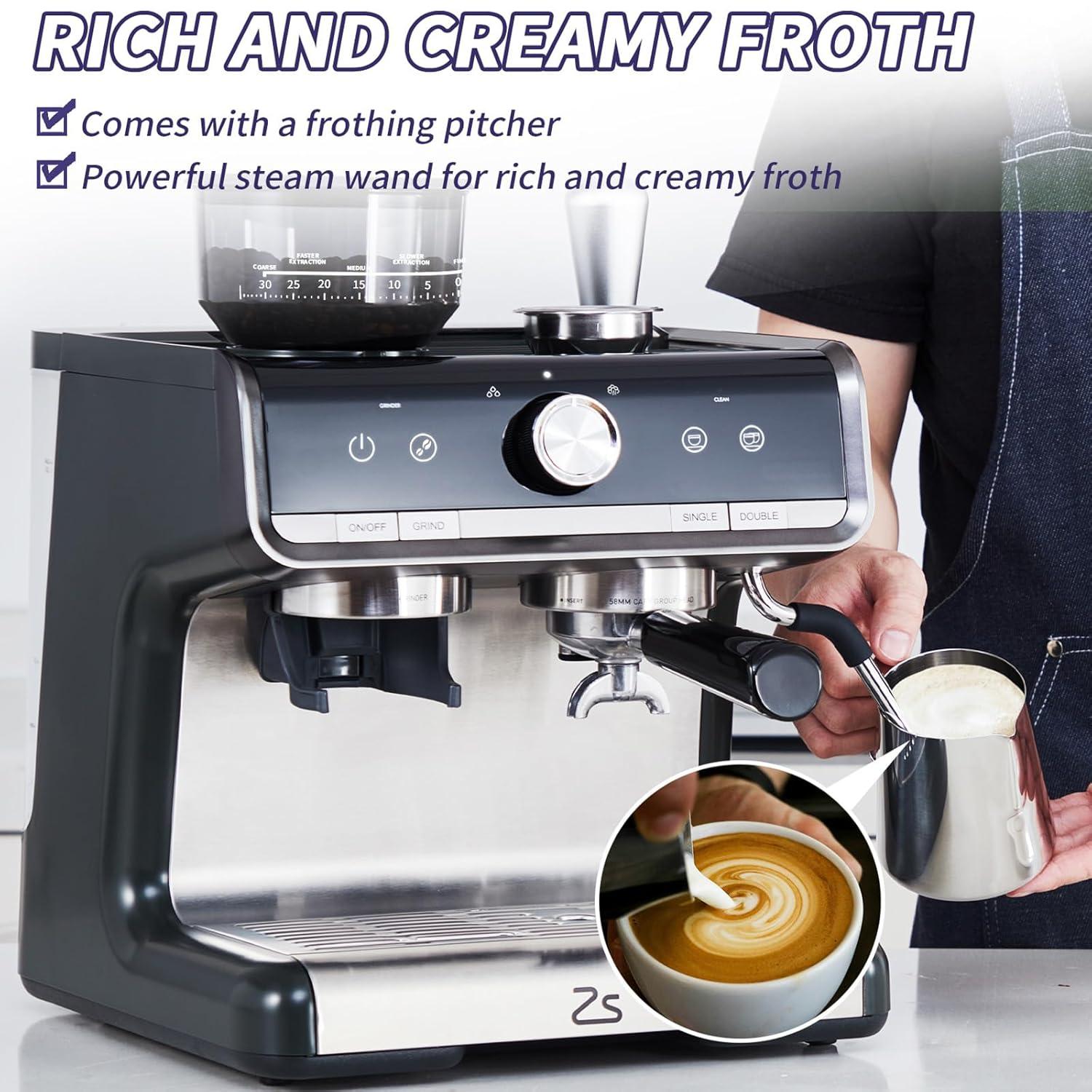 Espresso Machine, 20 Bar Coffee Maker with Milk Frother Steam Wand, Semi-Automatic Coffee Machine for Cappuccino, Latte, Fast Heating, Stainless Steel