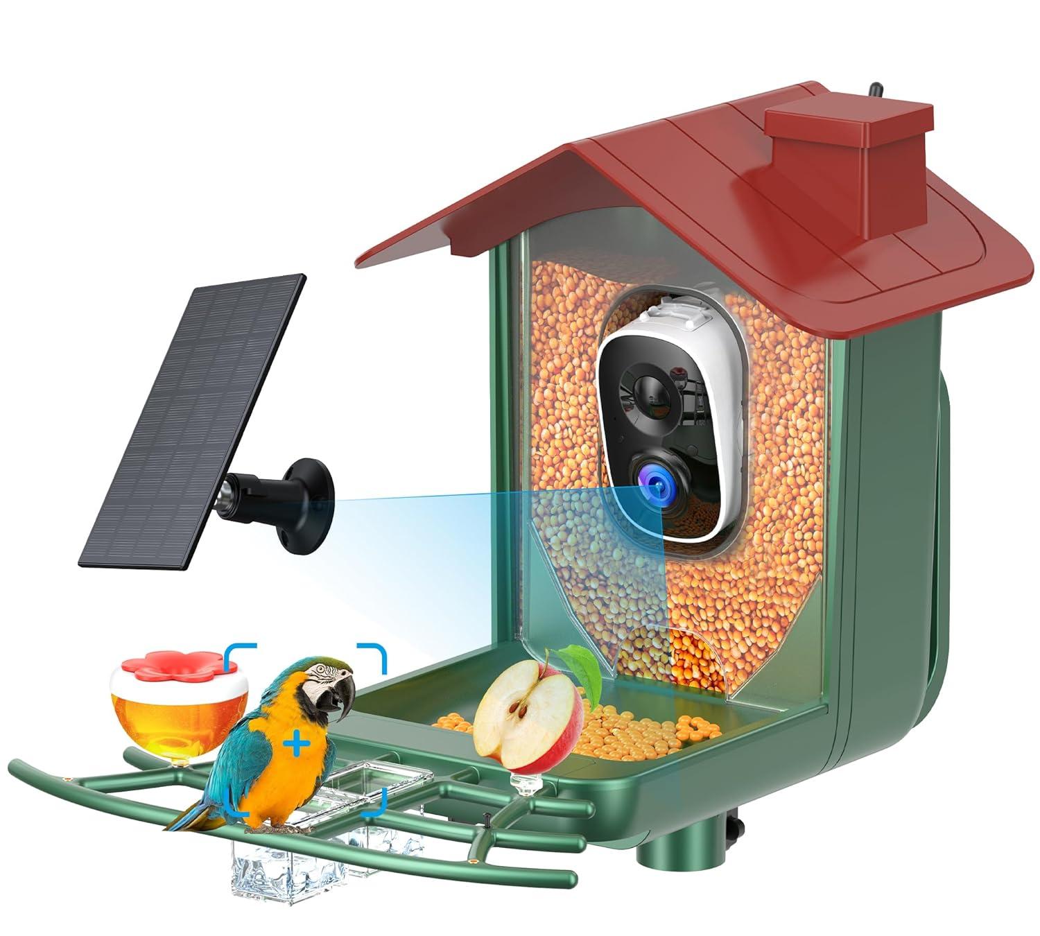 Solar-Powered Green and Red Bird Feeder with 2K HD Camera
