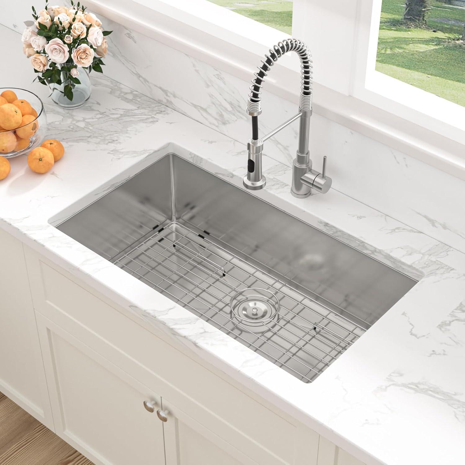 Sarlai 27 Undermount Kitchen Sink - 27 x 18 Kitchen Sink Undermount Single Bowl 16 Gauge Stainless Steel Under Counter Kitchen Sinks Round Corner Basin