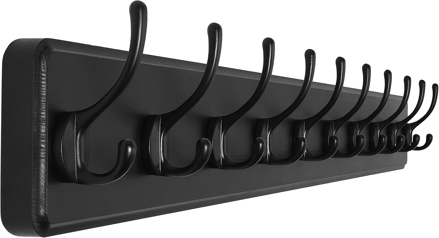 Large Black Pine Wood Wall Mounted Coat Rack with 10 Hooks