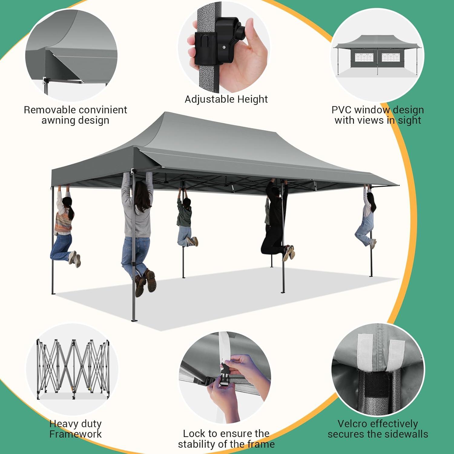 SANOPY 10' x 20' Pop up Canopy Party Tent with Wave Eave, Outdoor Waterproof Patio Gazebo Tent with Carry Bag, Backyards Camping Picnics, Gray