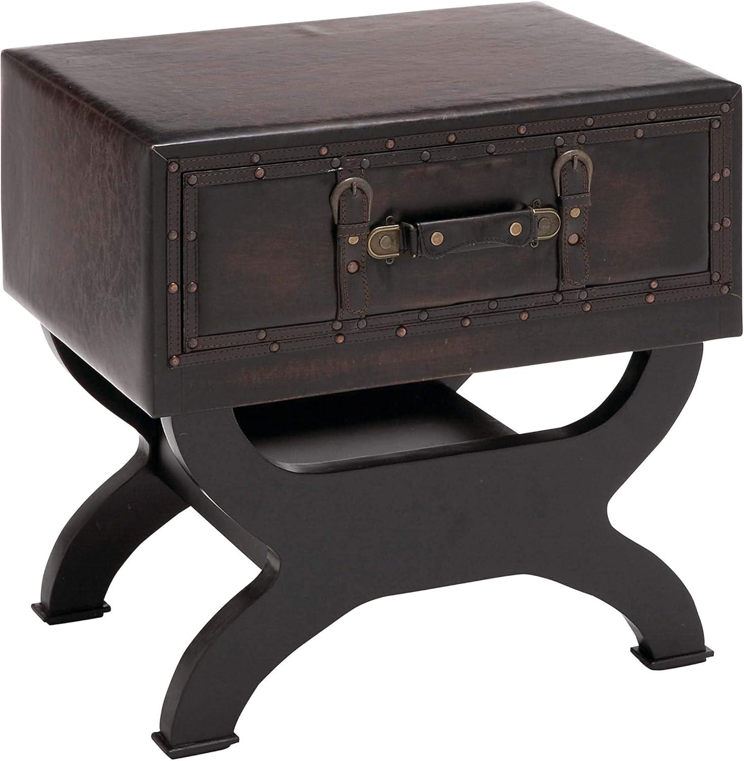 Vintage Brown Faux Leather Single Drawer Accent Table