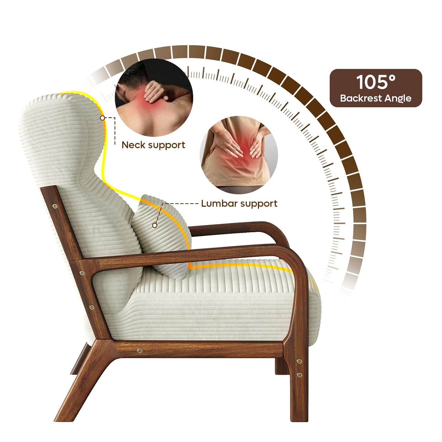 Bestier Mid Century Accent Chair Heightened Headrest with Removable Armrest Pillows,with Solid Wood Frame for Living Room, Bedroom, White
