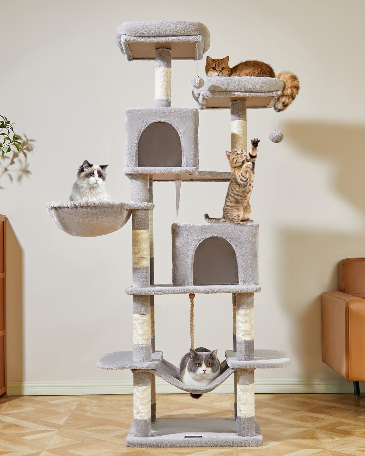 71" Indoor Tall Large Cat Tree Multi-Level Cat House With 2 Big Condo Pad Bed, Cozy Hammock And Scratching Posts