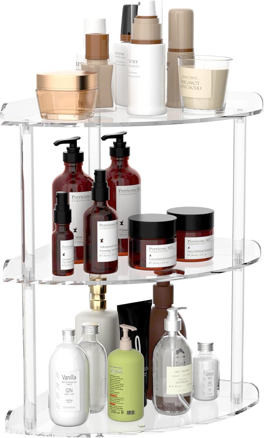 3 Tier Acrylic Corner Shelf Organizer Storage 9.5x9.5x15.7 Inch, Transparent Countertop Corner Shelf for Bathroom, Kitchen, Bedroom, Office, Study Room