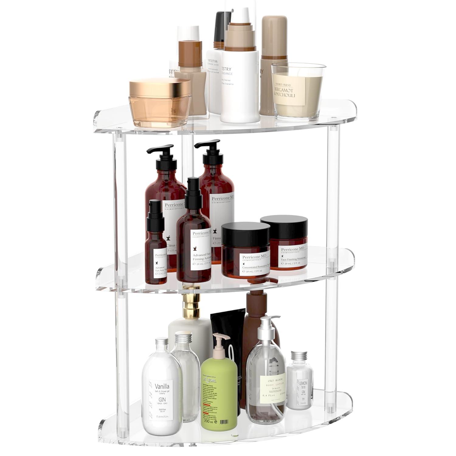 3 Tier Acrylic Corner Shelf Organizer Storage 9.5x9.5x15.7 Inch, Transparent Countertop Corner Shelf for Bathroom, Kitchen, Bedroom, Office, Study Room