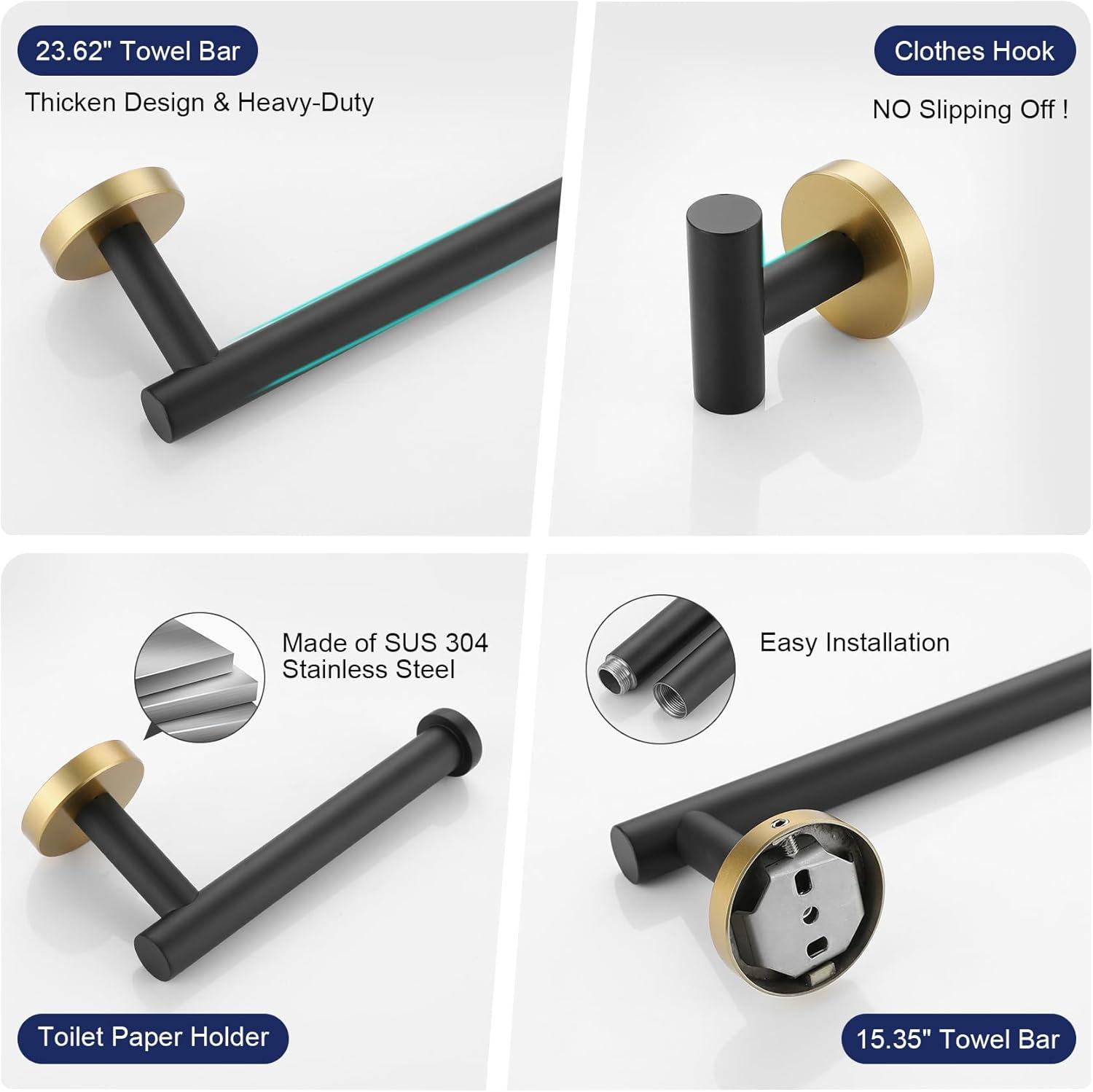 5 Pieces Black Gold Bathroom Hardware Set, 23.6 Inches Bathroom Towel Rack Set Bath Towel Bar Set, SUS304 Stainless Steel Bathroom Accessories Kit Wall Mounted