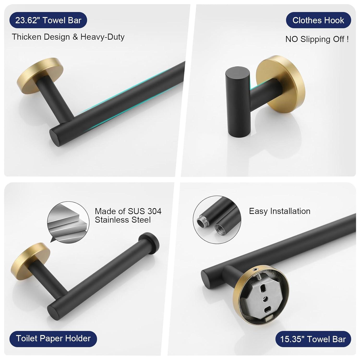 5 Pieces Black Gold Bathroom Hardware Set, 23.6 Inches Bathroom Towel Rack Set Bath Towel Bar Set, SUS304 Stainless Steel Bathroom Accessories Kit Wall Mounted