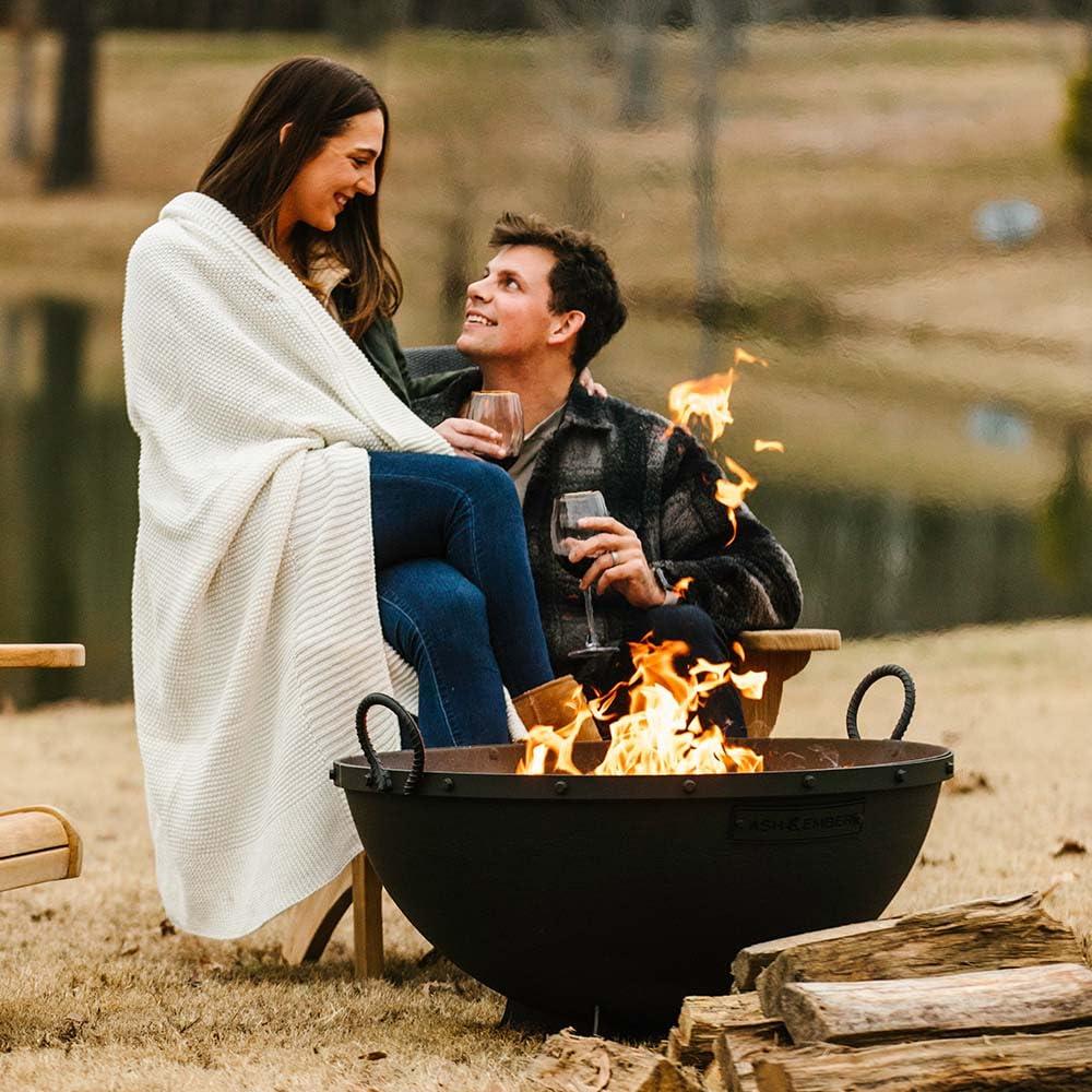 Ash & Ember 32" Hemisphere Fire Pit with Screen and Poker, Cast Iron High-Temperature Black Paint Fire Bowl, Wood Burning Backyard Fireplace, Portable Outdoor Firepit