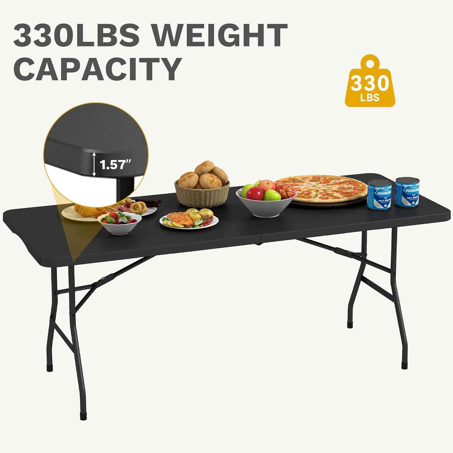 Folding Table 6 Foot,  Heavy-Duty, Portable Plastic Construction with Carrying Handle – Perfect for Picnics, Parties, and Office Indoor Outdoor Use, White