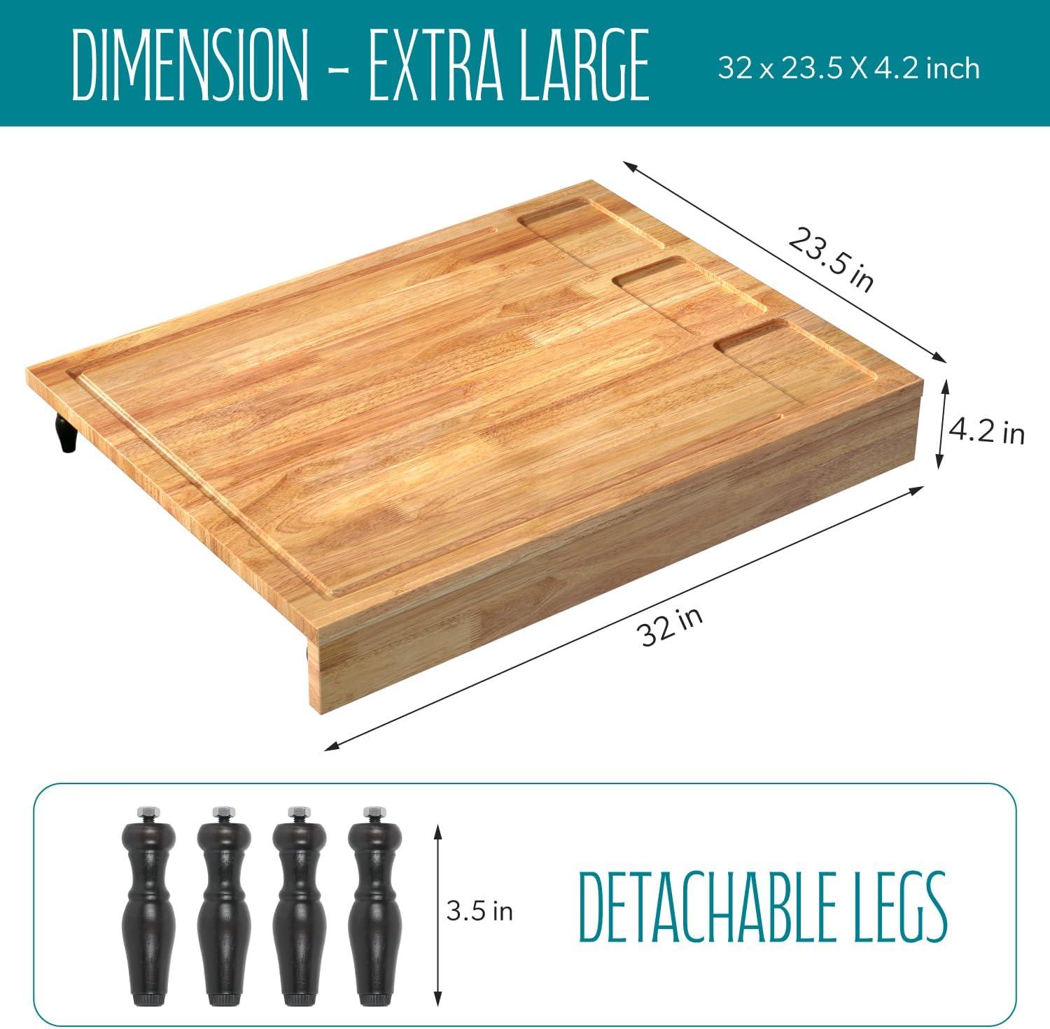 32x23.5inches Extra Large Solid Wooden Cutting Board and Stovetop Cover, 2 in 1 Stove Top Cover Chopping Board with Detachable Legs and Juice Groove, Sink Cover Board for Restaurant Kitchen Countertop