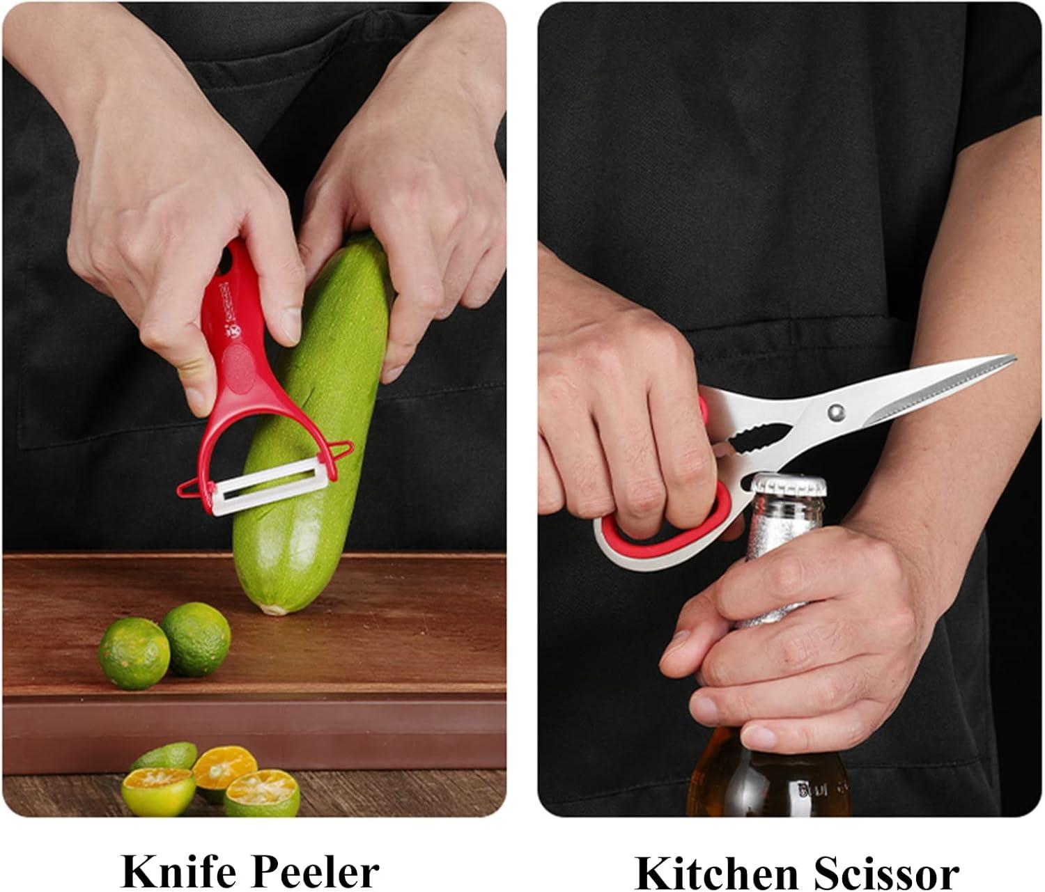Kitchen Knife Set, 9-Pieces Red Coated Knife Block Set, Stainless Steel Chef knife Set with Sharpener Peeler Scissors, Sharp Non-Stick Knives Set with Rotatable Holder for Cutting Slicing Dicing