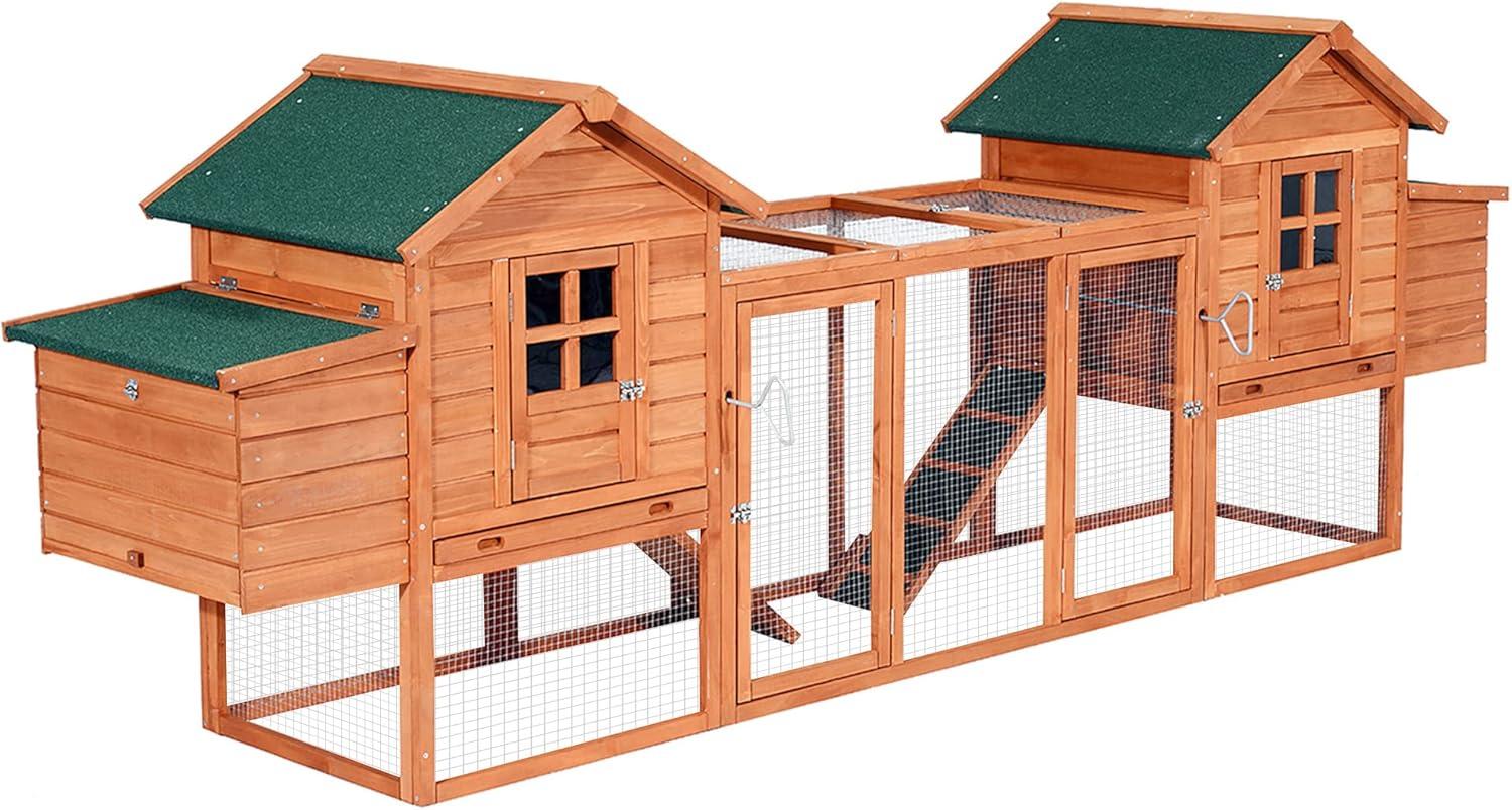 PawHut 124" Dual Chicken Coop, Wooden Large Chicken House, or Rabbit Hutch, Hen Poultry Cage Backyard with Outdoor Ramps and Nesting Boxes