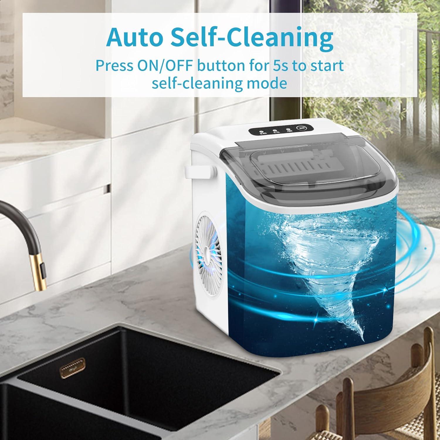 COWSAR Ice Maker Countertop, Portable Ice Machine with Self-Cleaning, 26.5lbs/24Hrs, 9 Bullet Ice Cubes in 6 Mins, Ice Basket and Scoop, Ideal for Home, Kitchen, Bar, Camping, White