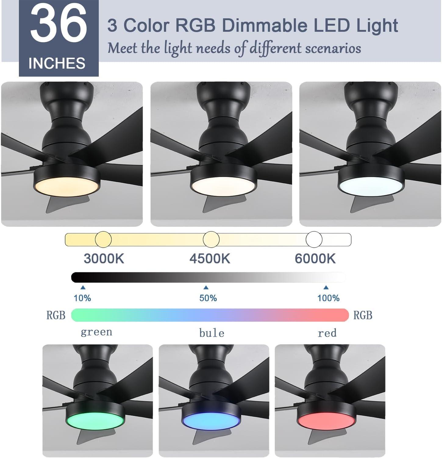 36inch Ceiling Fans with Lights and Remote/App Control, Flush Mount Ceiling Fan with Reversible Dc Motor RGB Dimmable Light, Noiseless Black Modern Small Ceiling Fan for Bedroom Indoor/Outdoor