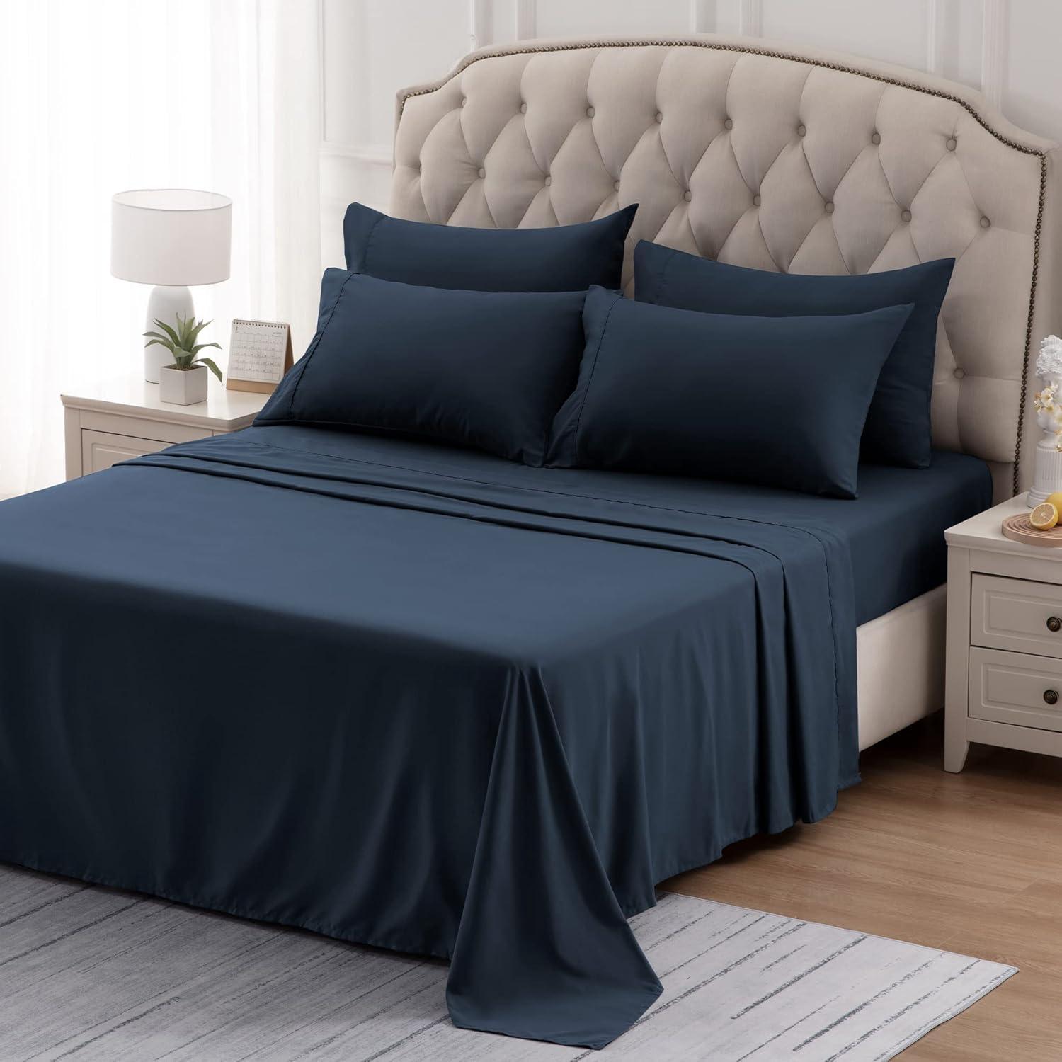 Navy Blue Deep Pocket Queen Cotton Microfiber Sheet Set