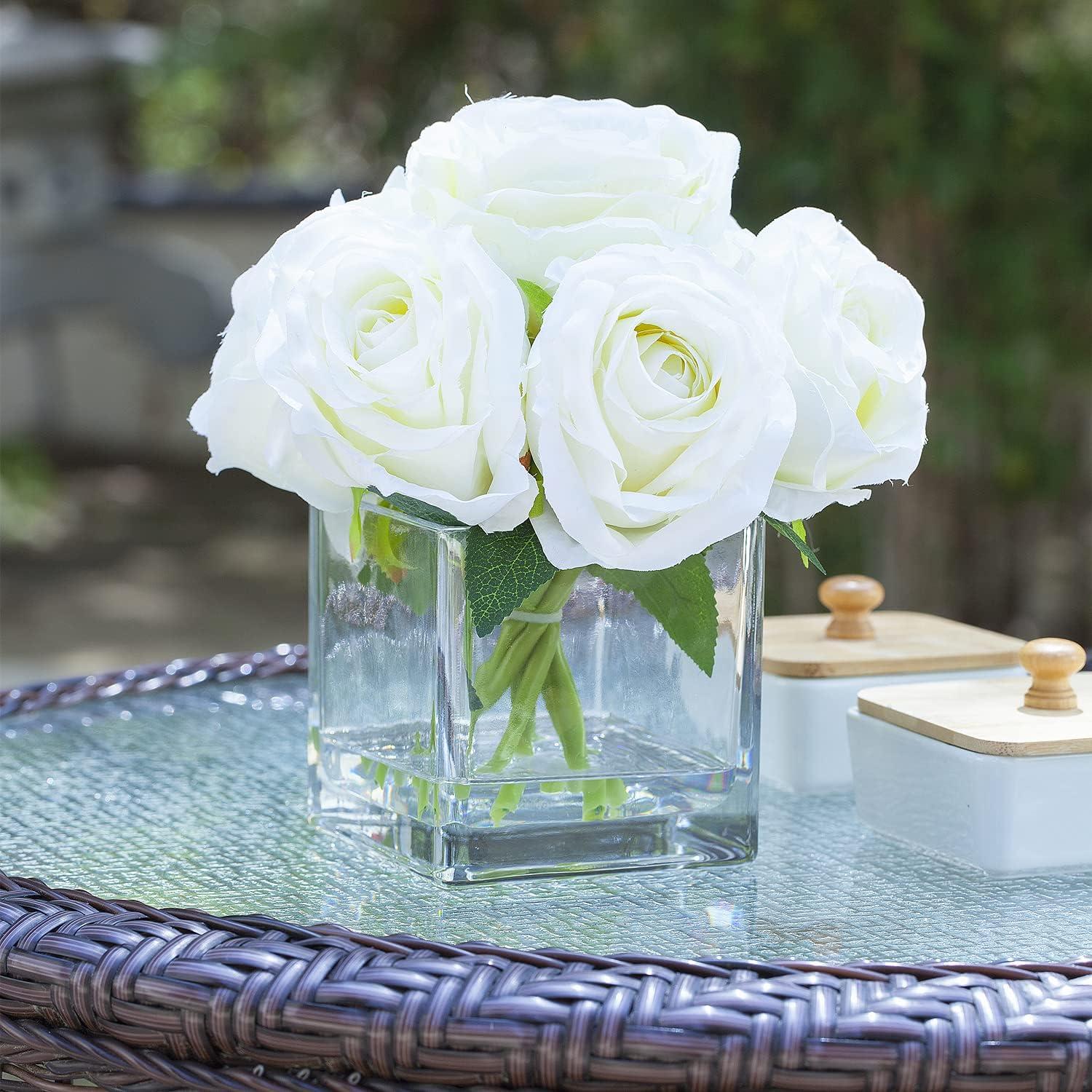 Cream Silk Rose Arrangement in Clear Glass Vase