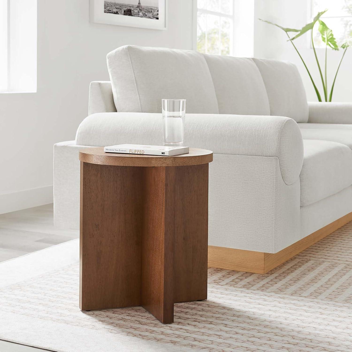 Silas Round Walnut Wood Side Table with X-Frame Base