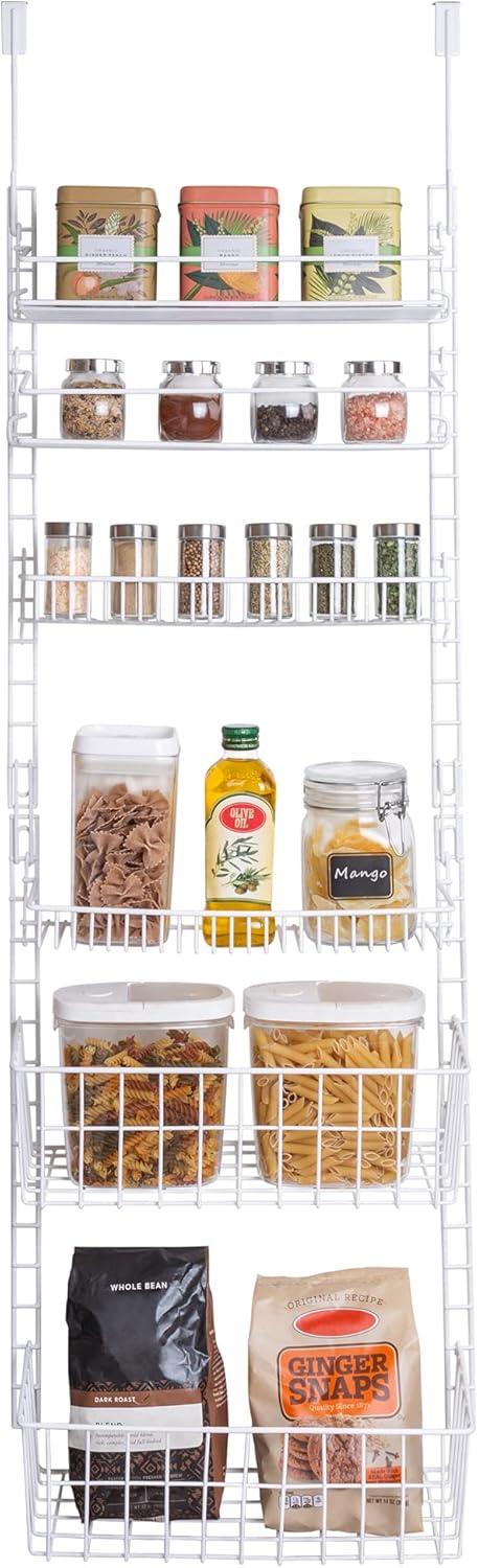 Smart Design Over The Door Adjustable Pantry Organizer Rack w/ 6 Adjustable Steel Shelves - White