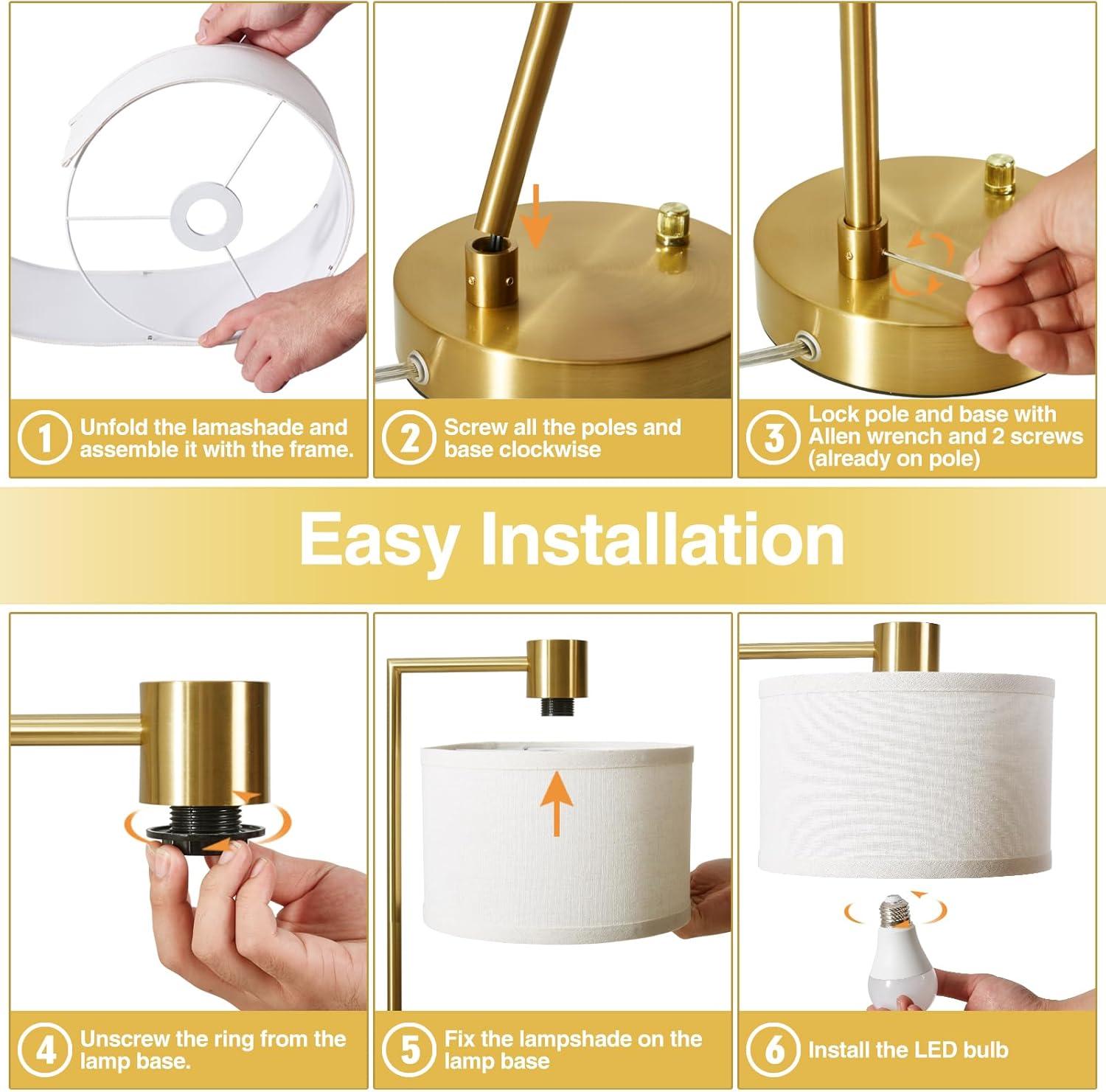 Table Lamp for Bedroom Set of 2 with USB C+A Ports, Fully Bedside Lamp with Linen Lampshade, Nightstand Lamp for Living Room Reading Office, 2 LED Bulbs Included (Gold)