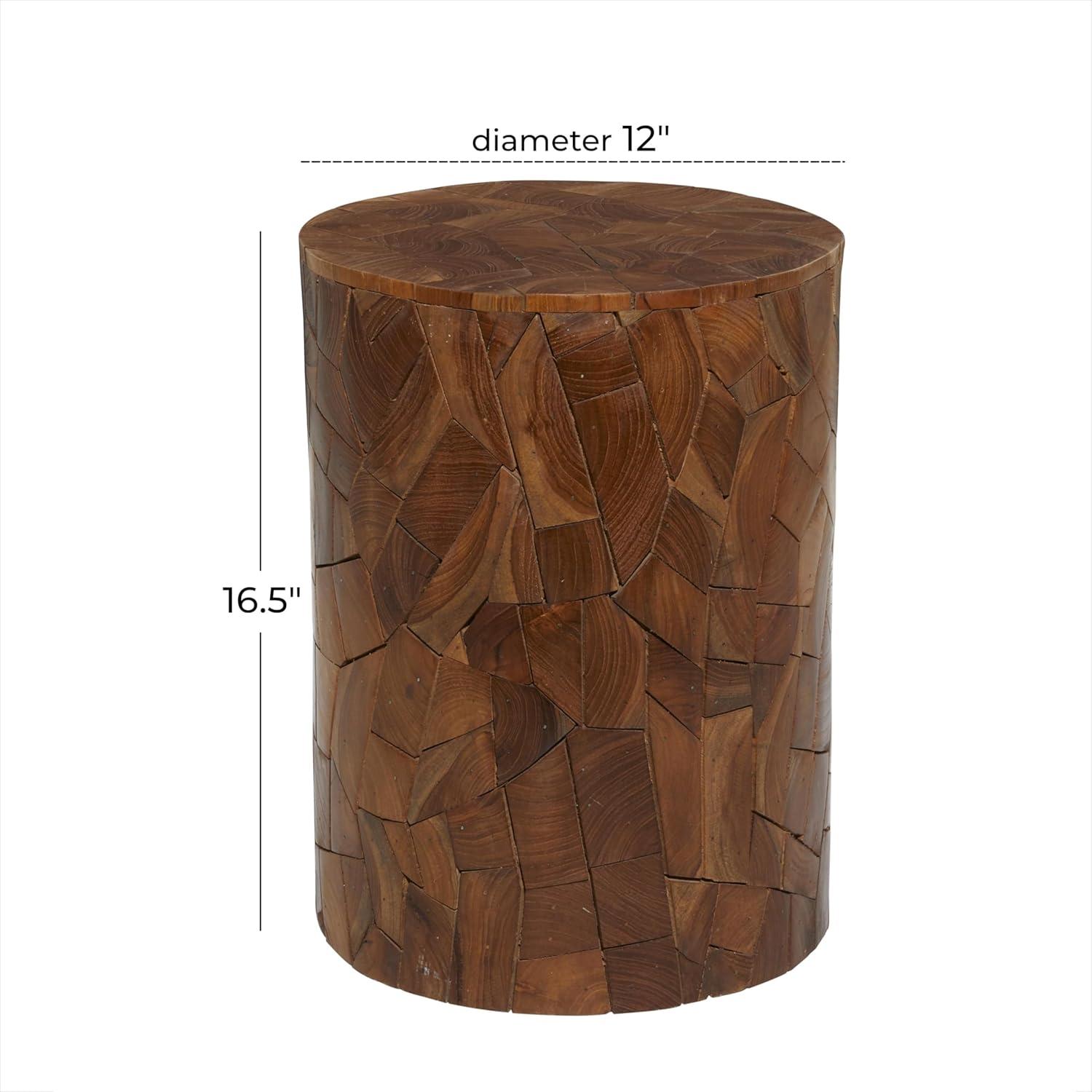 DecMode 12" x 17" Brown Teak Wood Handmade Accent Table with Mosaic Wood Chip Design, 1-Piece