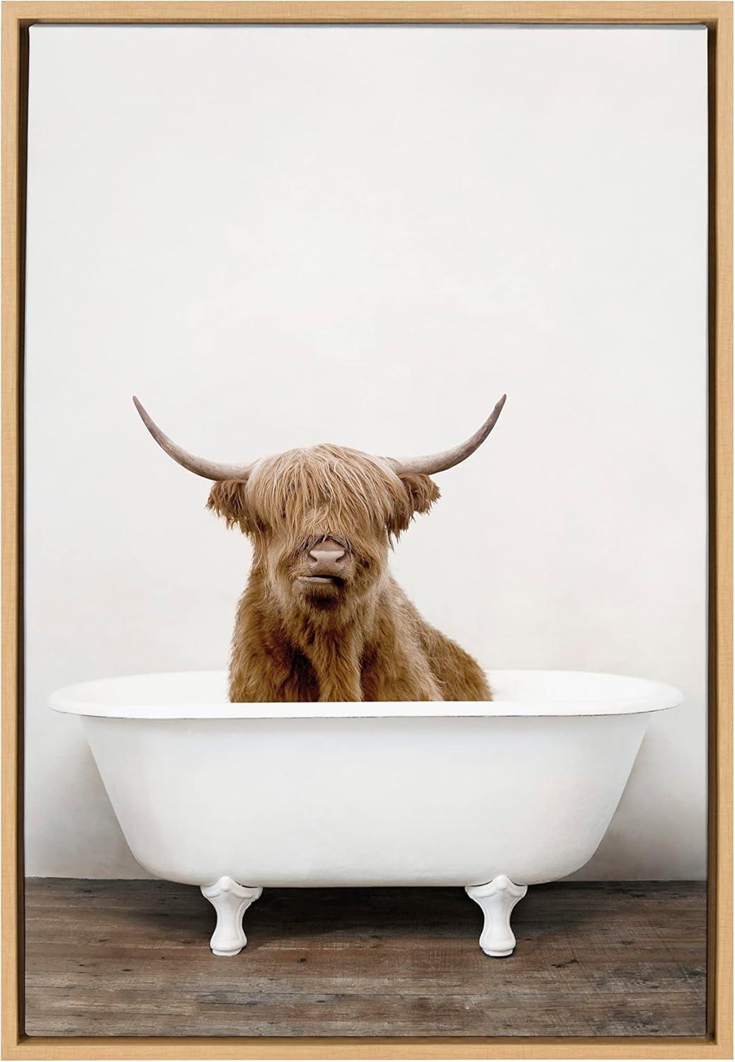 Kate and Laurel Sylvie Highland Cow in Tub Color Framed Canvas by Amy Peterson Art Studio