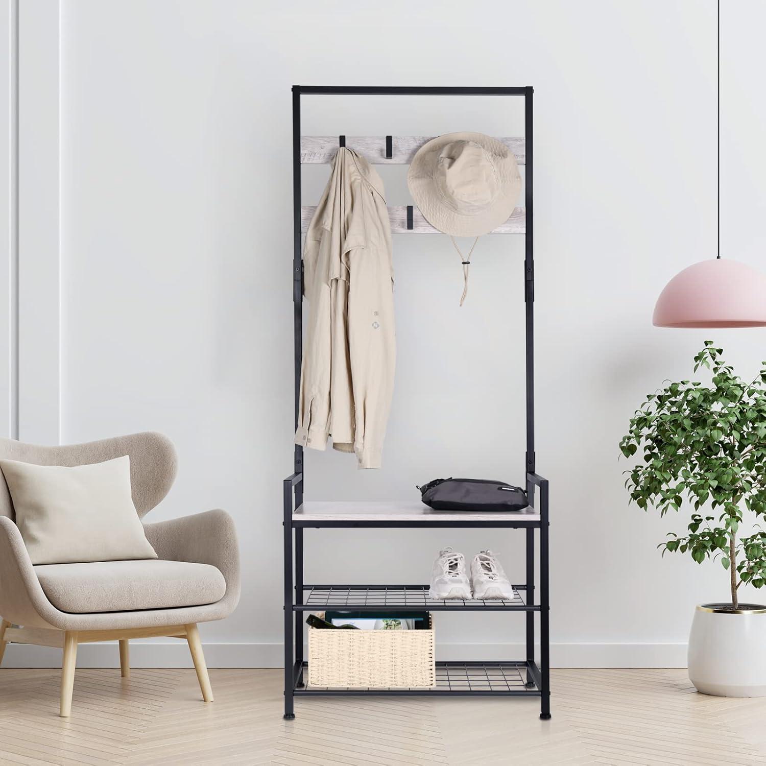 HOMEKOKO Coat Rack Shoe Bench, Hall Tree Entryway Storage Bench, Wood Look Accent Furniture with Metal Frame, 3-in-1 Design
