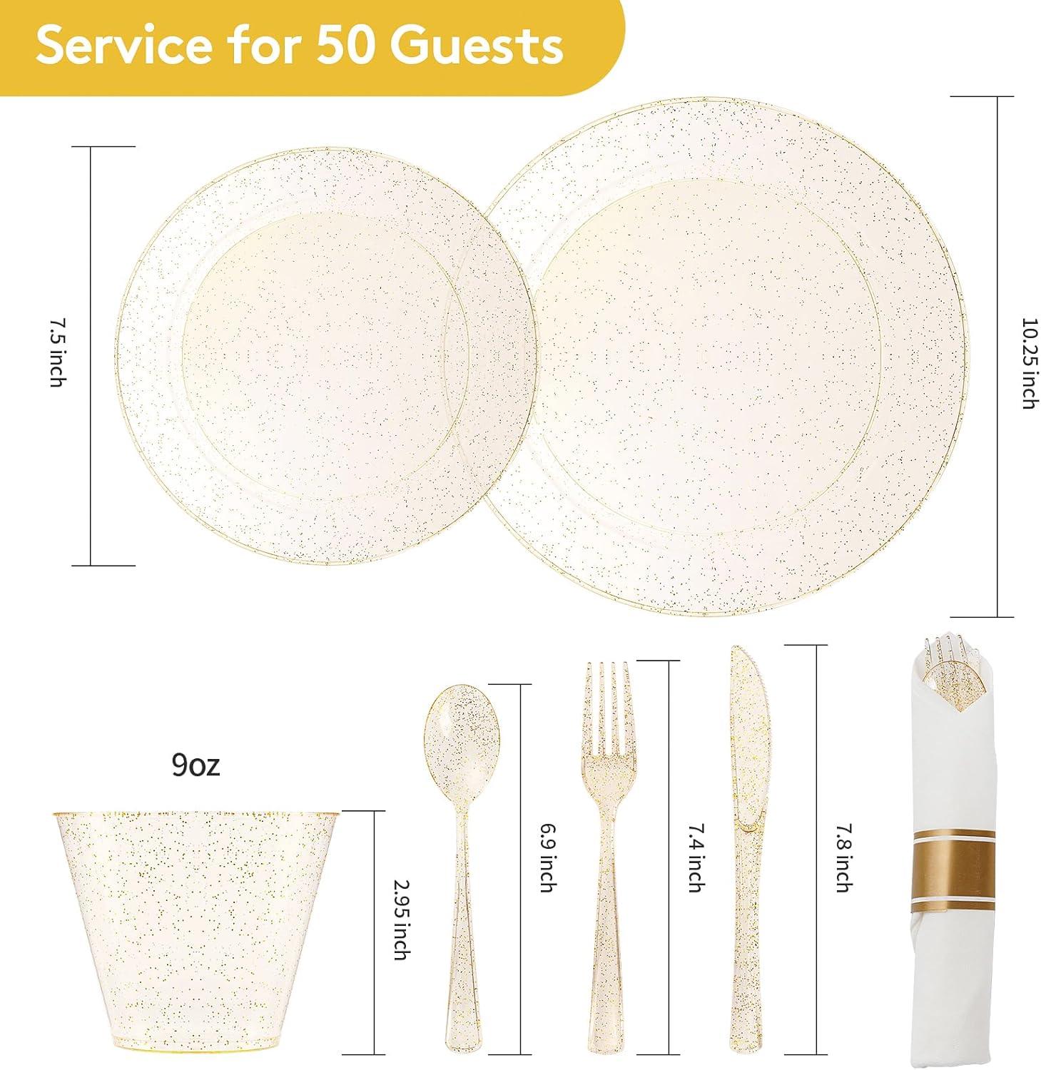 MODERN WALLS LLC 350 Pieces Gold Glitter Dinnerware Set 50 Guest For Party- 50 Dinner Plates, 50 Dessert Plates -50 Per Rolled Napkins With Gold Cutlery - 50 Disposable Cups 9 OZ