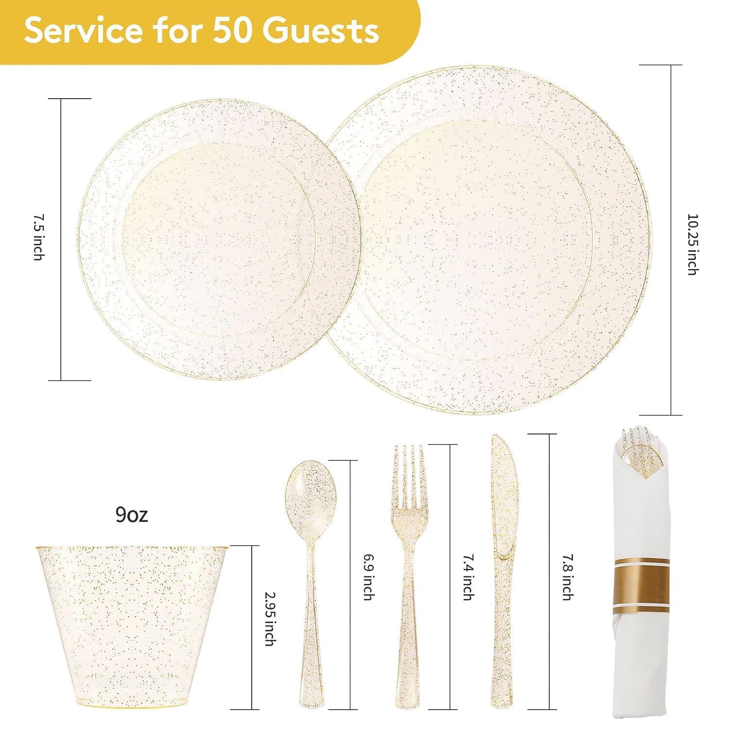 MODERN WALLS LLC 350 Pieces Gold Glitter Dinnerware Set 50 Guest For Party- 50 Dinner Plates, 50 Dessert Plates -50 Per Rolled Napkins With Gold Cutlery - 50 Disposable Cups 9 OZ