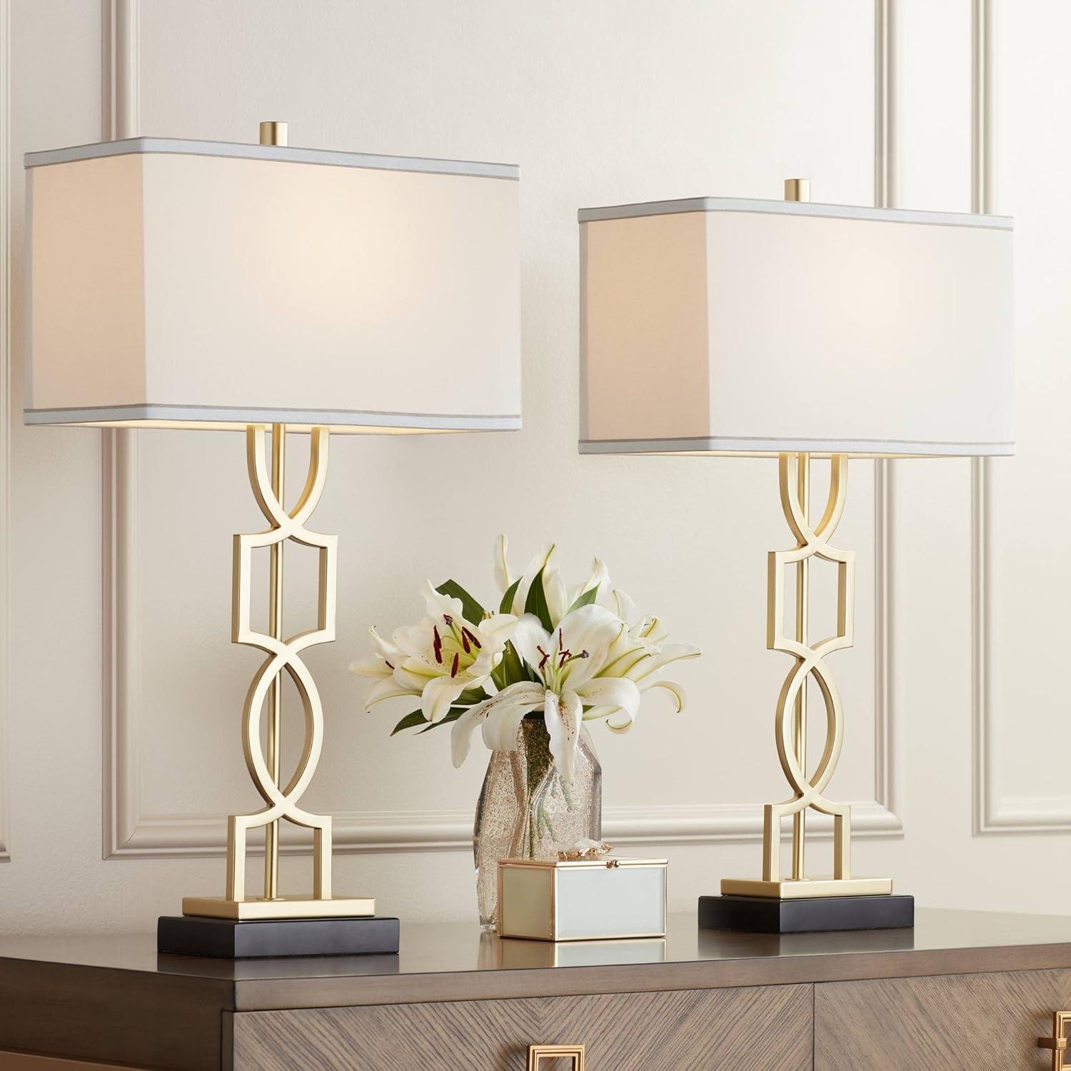 Gold Geometric Table Lamps with White Shades, Set of 2