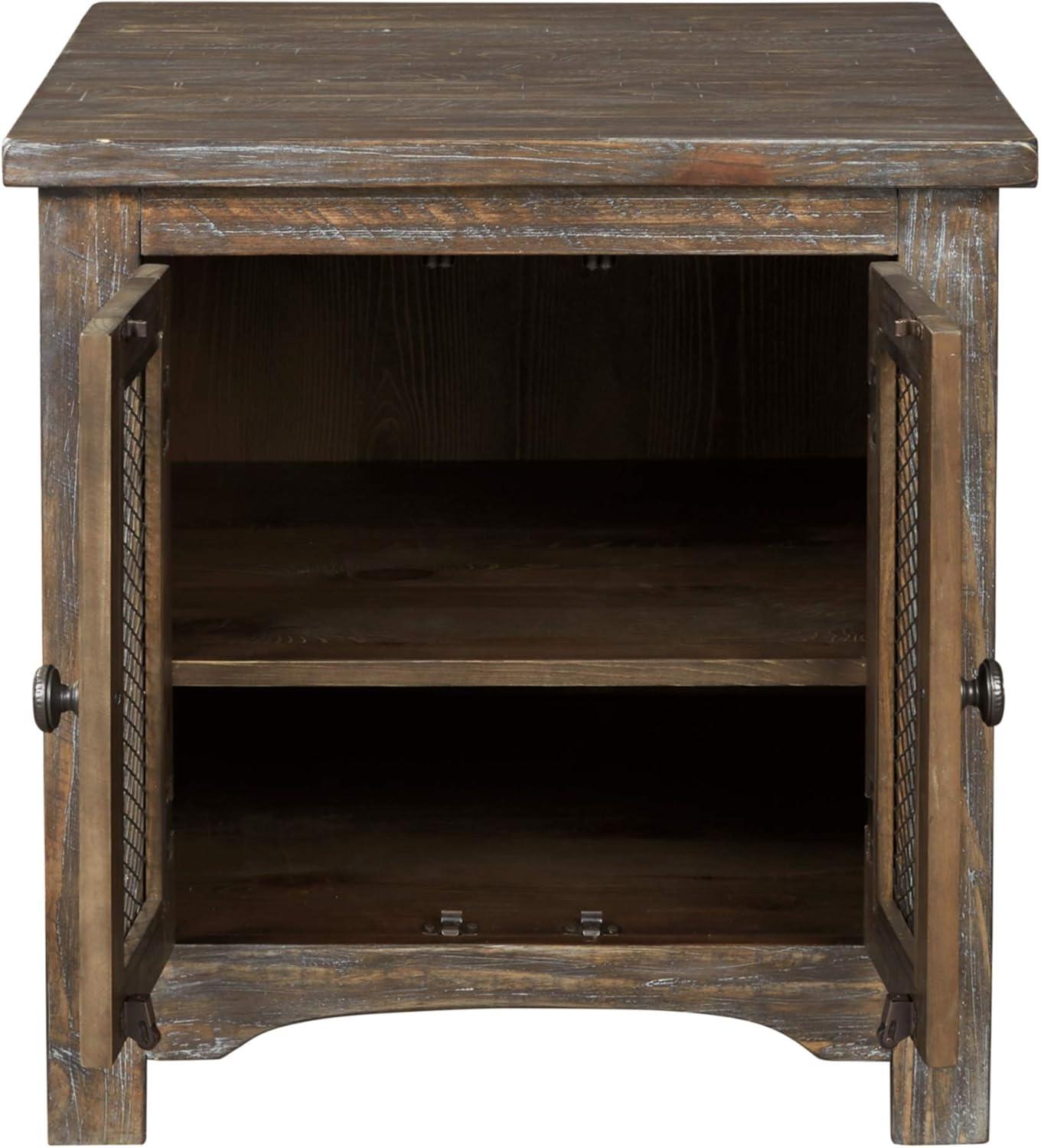 Danell Ridge Rectangular End Table Brown - Signature Design by Ashley: Farmhouse Mesh Cabinet Storage