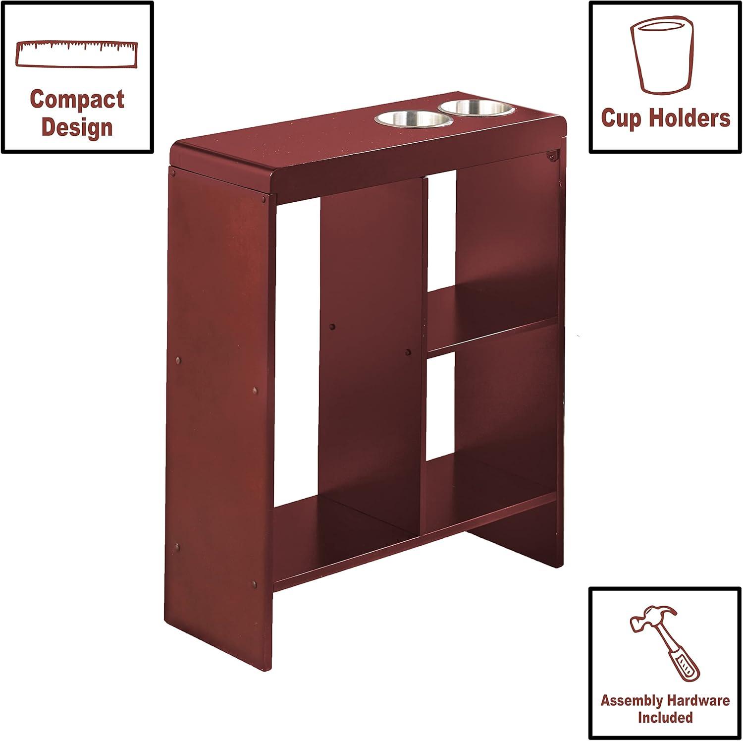 Slim Wood End Table with Drink Holders and Built-in Shelving - Walnut Finish