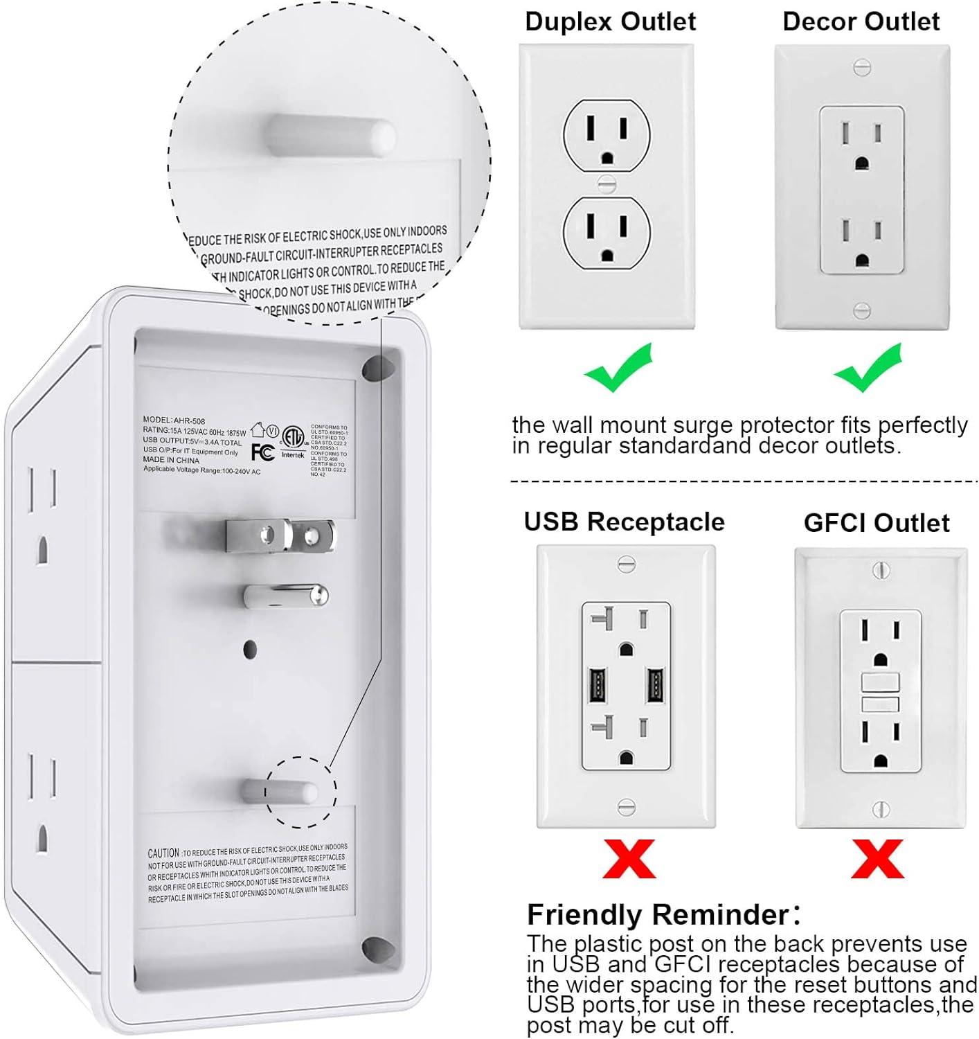 Multi Plug Outlet Surge Protector - POWRUI 6 Outlet Extender with 3 USB Ports (1 USB C) and Night Light, 3-Sided Power Strip with Adapter Spaced Outlets - White，ETL Listed