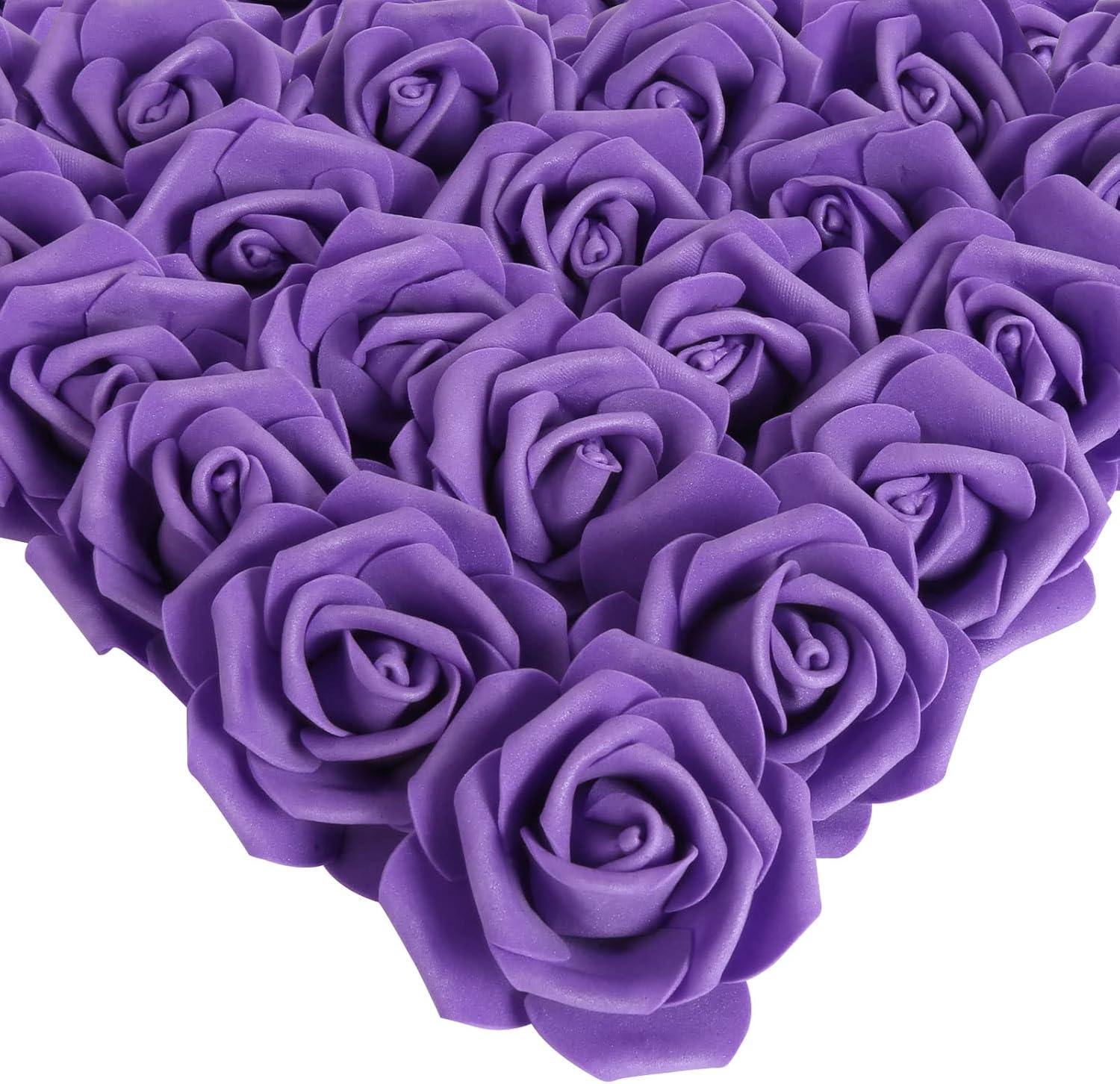Juvale 100 Pack Purple Artificial Flowers, Bulk Stemless Fake Foam Roses for Wedding, Decorations, Bouquets, 3 in