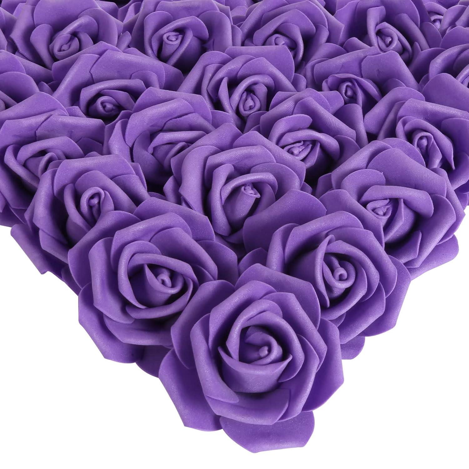 Juvale 100 Pack Purple Artificial Flowers, Bulk Stemless Fake Foam Roses for Wedding, Decorations, Bouquets, 3 in