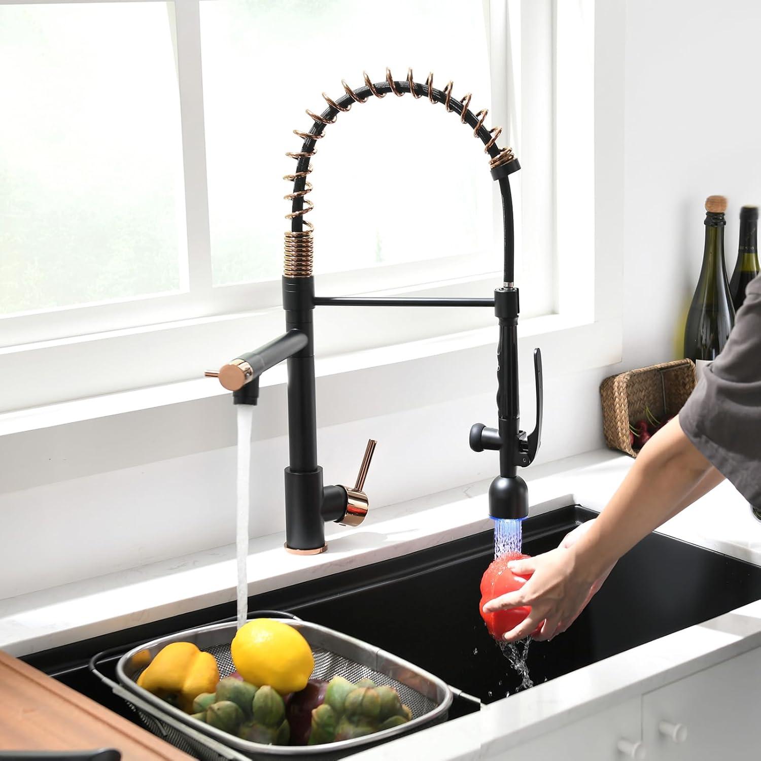 Matte Black and Rose Gold Pull Down Kitchen Faucet with LED Light