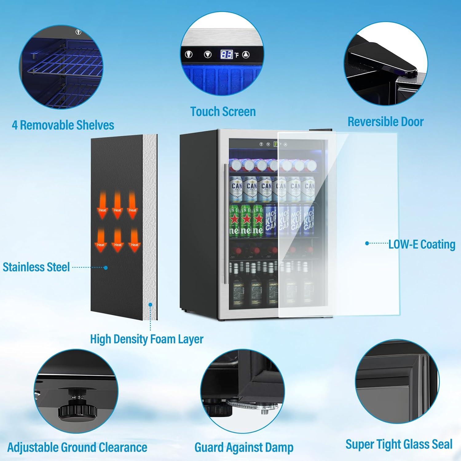 ZenZone 4.5 Cu.ft Beverage Refrigerator and Cooler, 145 Can Mini fridge with Glass Door for Soda Beer Wine, Small Drink Dispenser with Digital Adjustable Thermostat for Home Office Bar